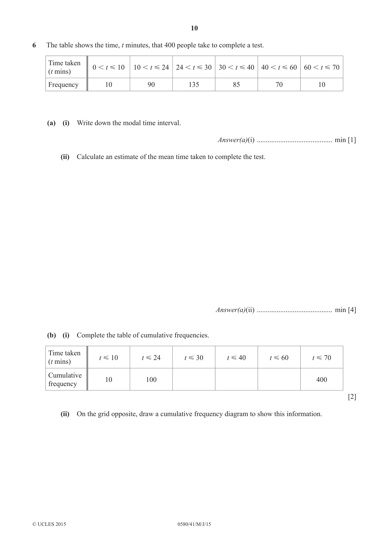 Cambridge IGCSE Mathematics 0580 2015 May/June Paper 4 · Variant 1 question paper, page 10 of 20