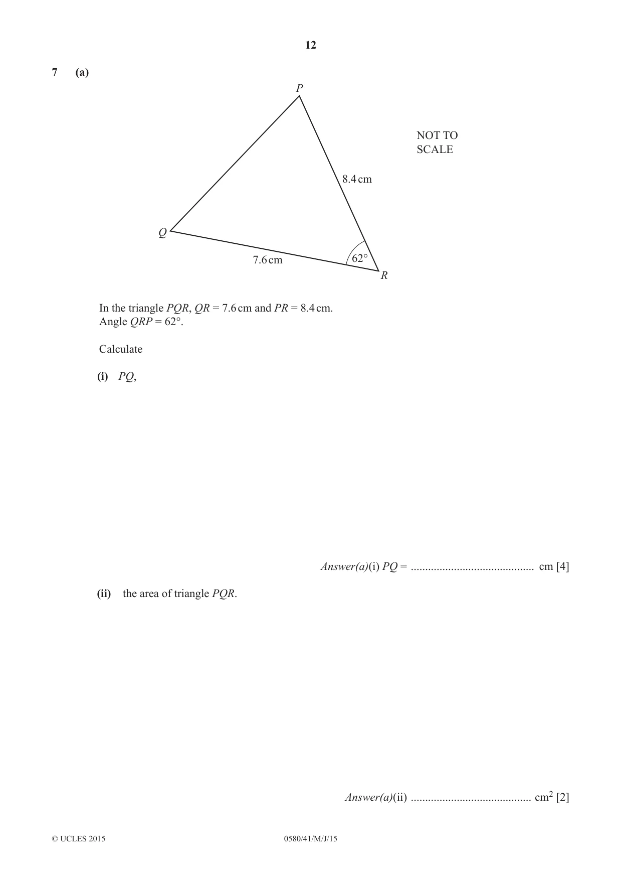 Cambridge IGCSE Mathematics 0580 2015 May/June Paper 4 · Variant 1 question paper, page 12 of 20