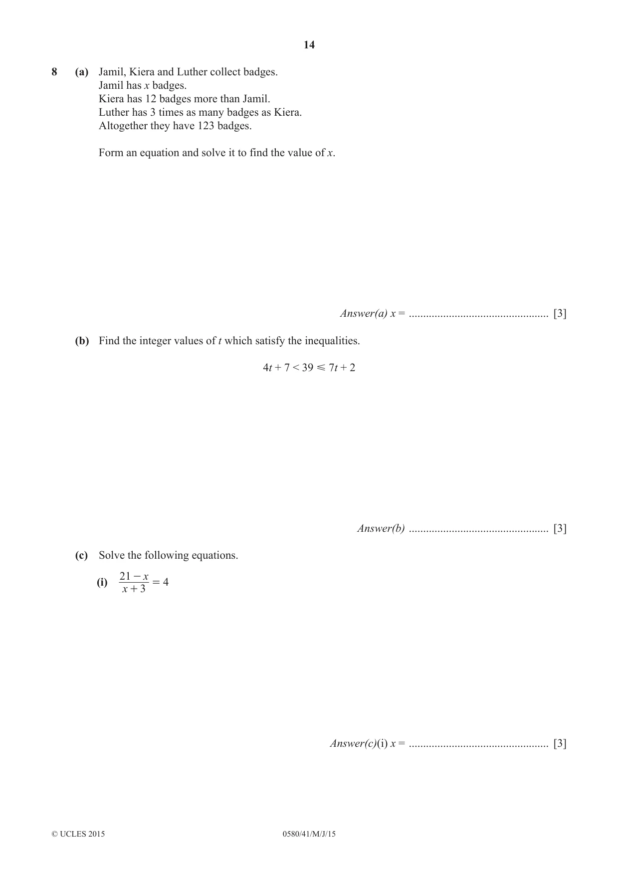 Cambridge IGCSE Mathematics 0580 2015 May/June Paper 4 · Variant 1 question paper, page 14 of 20