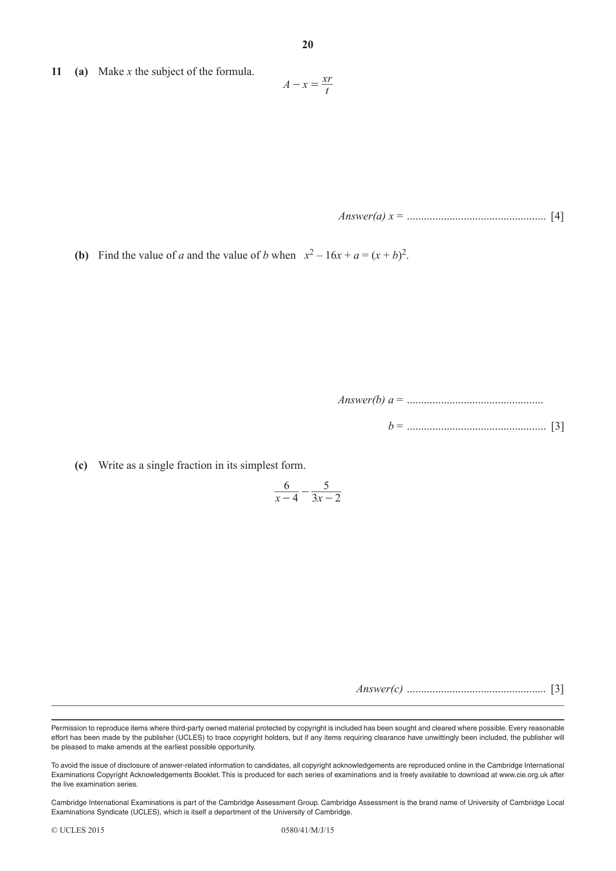 Cambridge IGCSE Mathematics 0580 2015 May/June Paper 4 · Variant 1 question paper, page 20 of 20