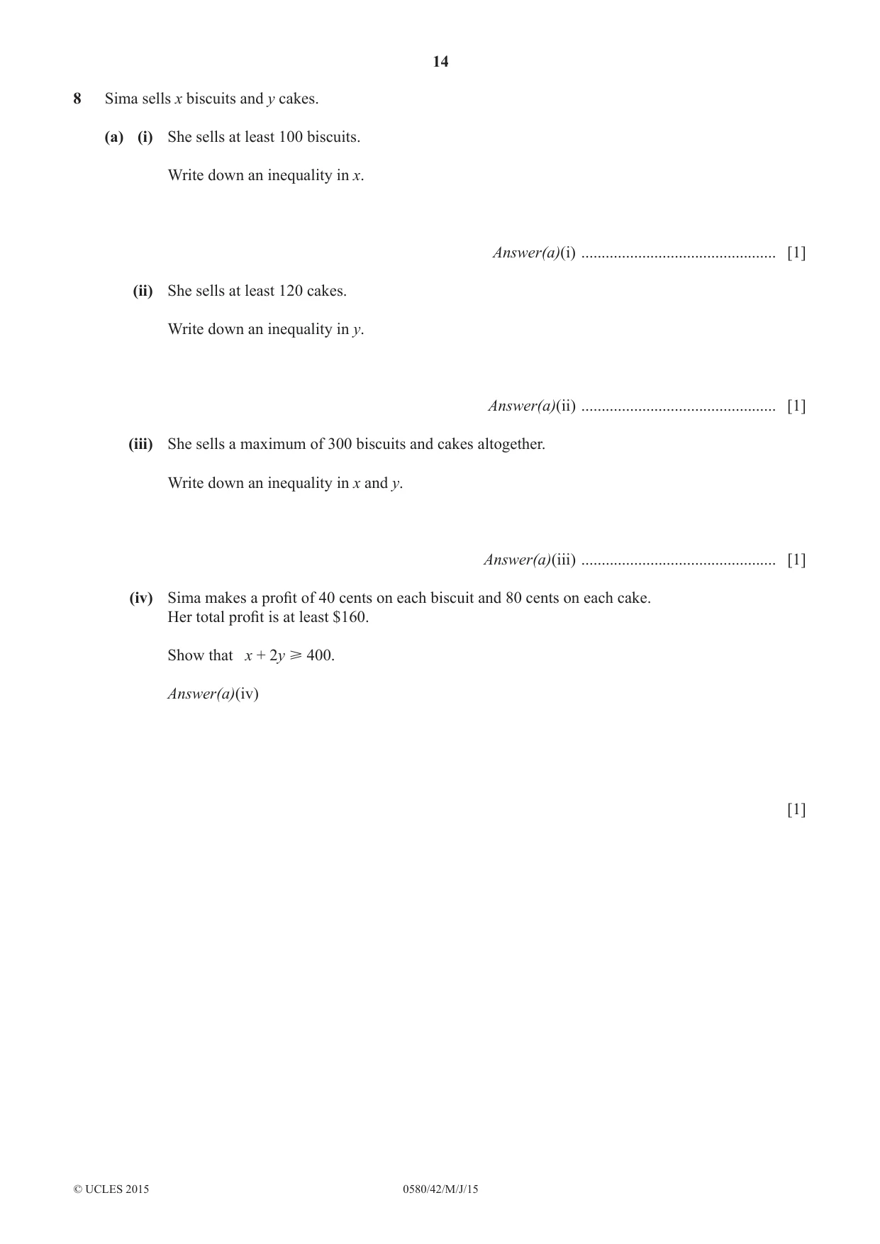 Cambridge IGCSE Mathematics 0580 2015 May/June Paper 4 · Variant 2 question paper, page 14 of 20