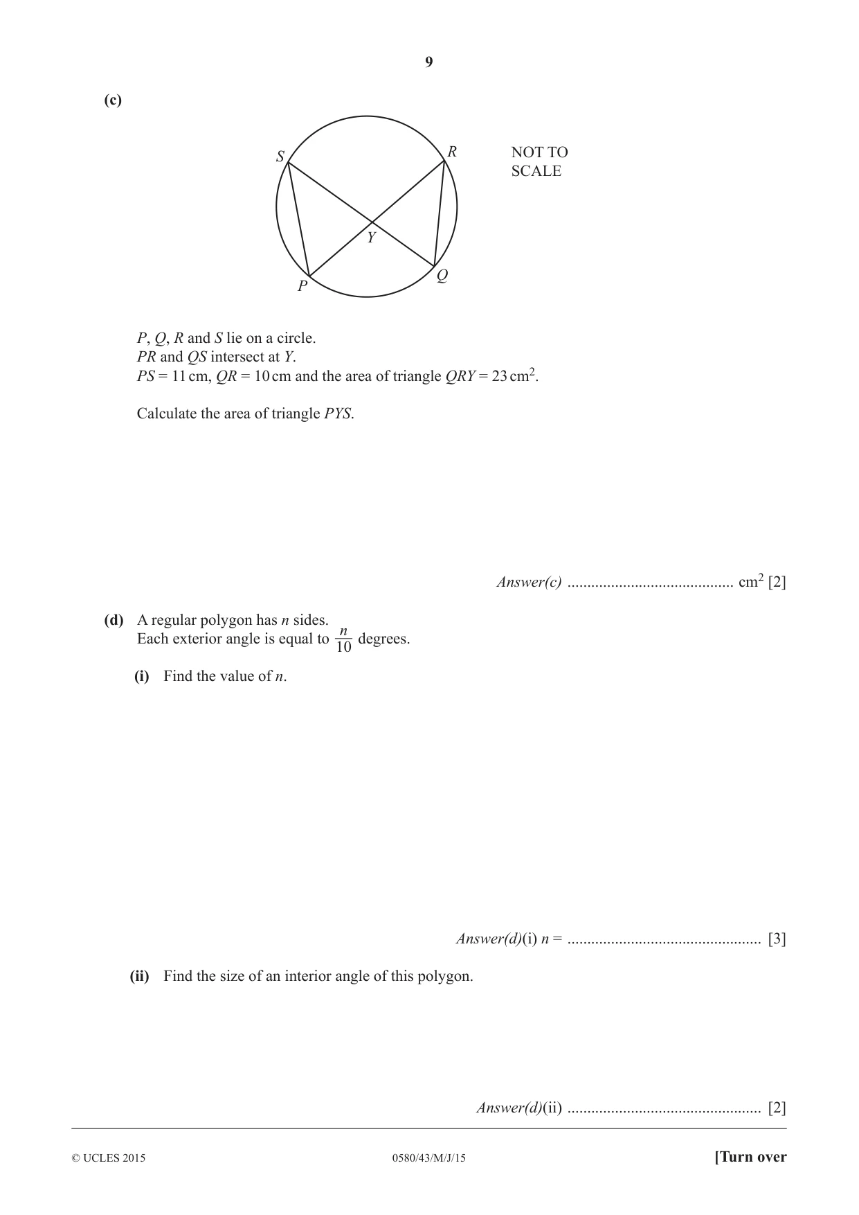 Cambridge IGCSE Mathematics 0580 2015 May/June Paper 4 · Variant 3 question paper, page 9 of 16