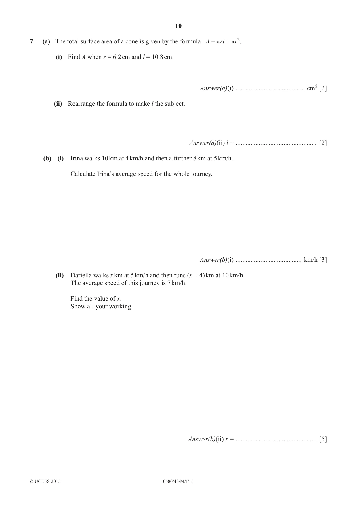 Cambridge IGCSE Mathematics 0580 2015 May/June Paper 4 · Variant 3 question paper, page 10 of 16
