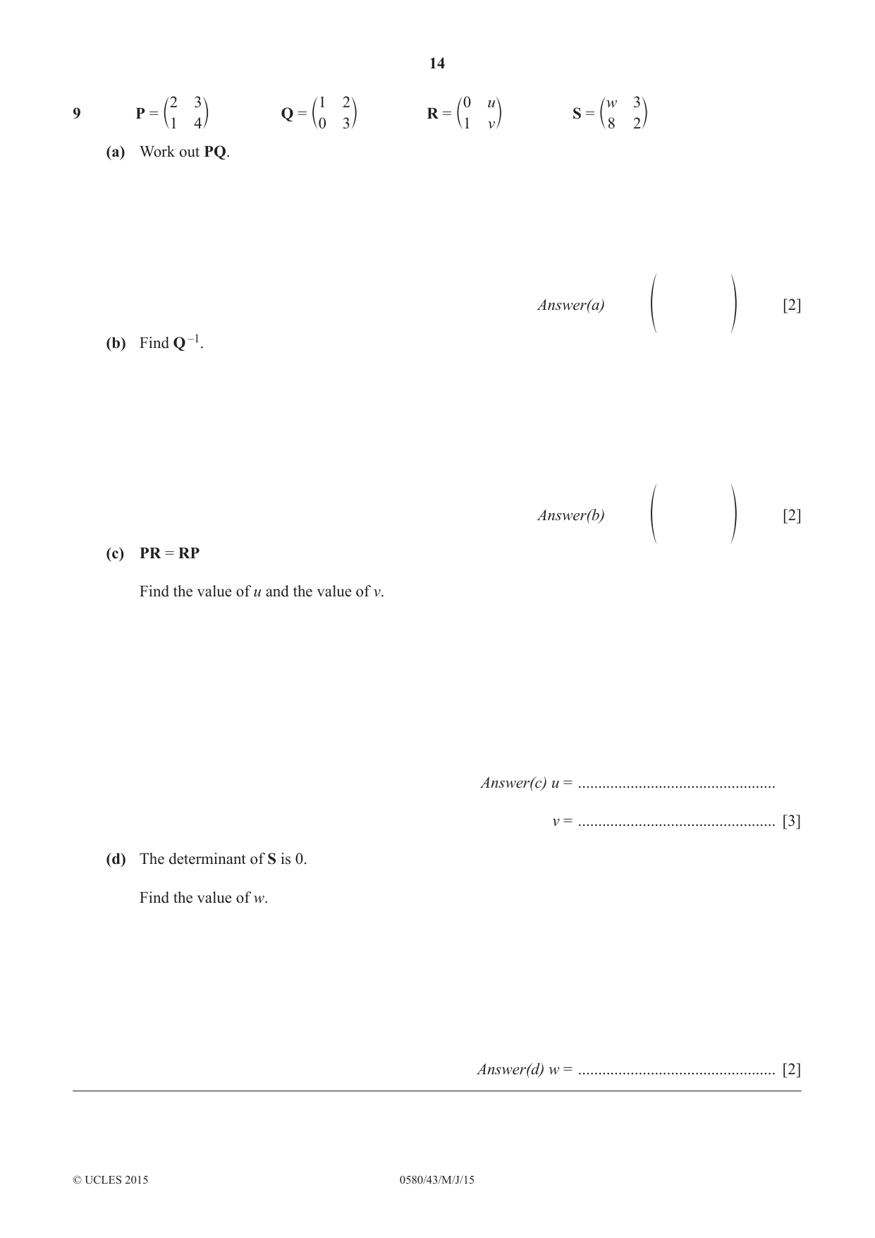 Cambridge IGCSE Mathematics 0580 2015 May/June Paper 4 · Variant 3 question paper, page 14 of 16