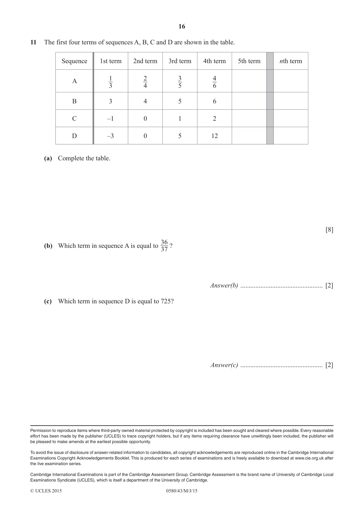 Cambridge IGCSE Mathematics 0580 2015 May/June Paper 4 · Variant 3 question paper, page 16 of 16