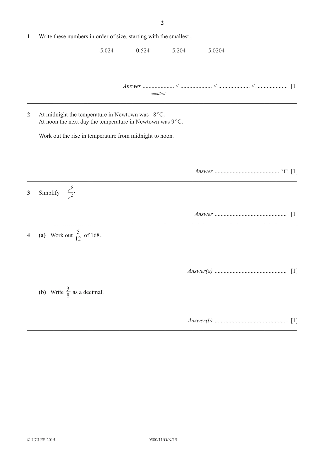 Cambridge IGCSE Mathematics 0580 2015 Oct/Nov Paper 1 · Variant 1 question paper, page 2 of 12