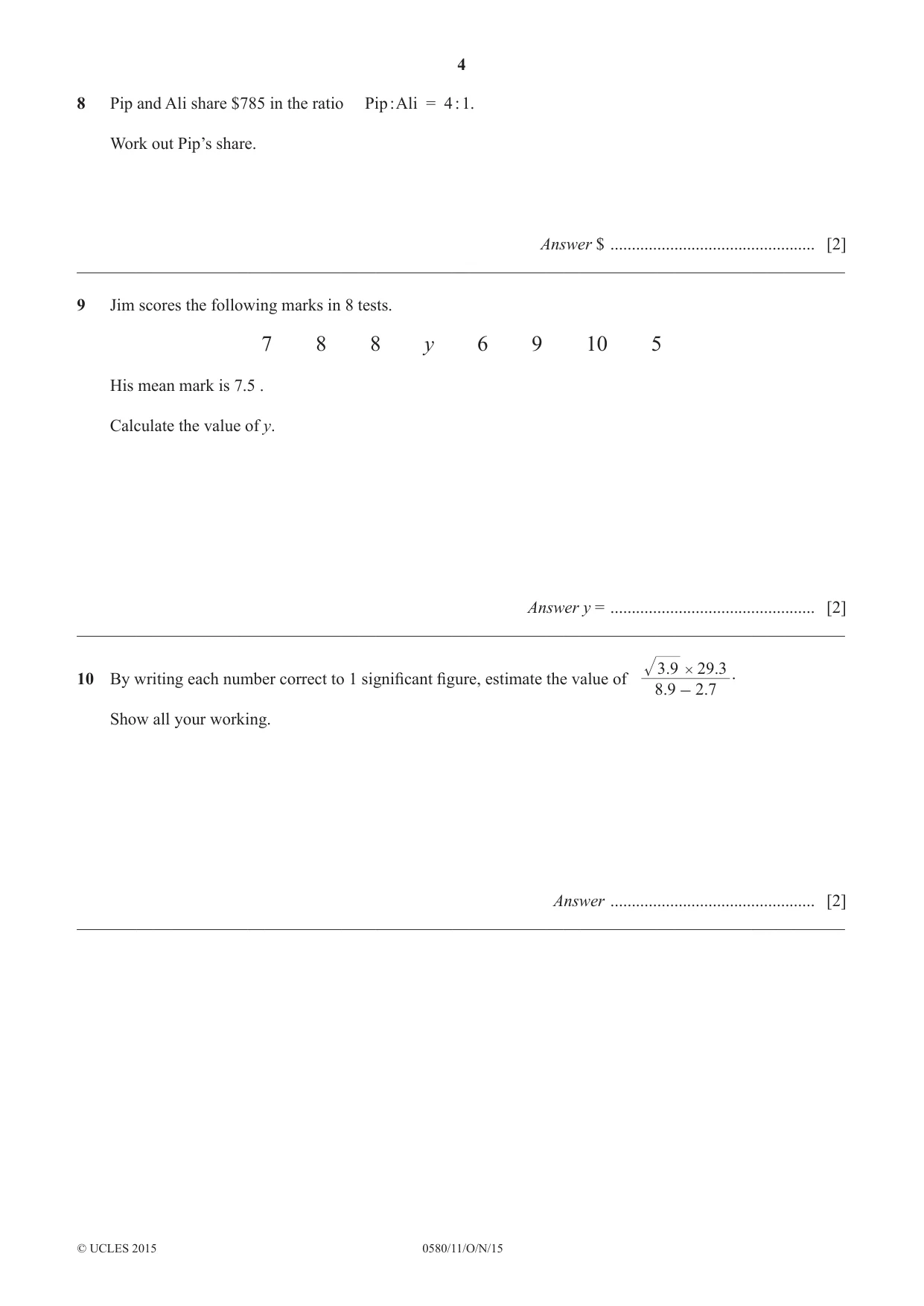 Cambridge IGCSE Mathematics 0580 2015 Oct/Nov Paper 1 · Variant 1 question paper, page 4 of 12