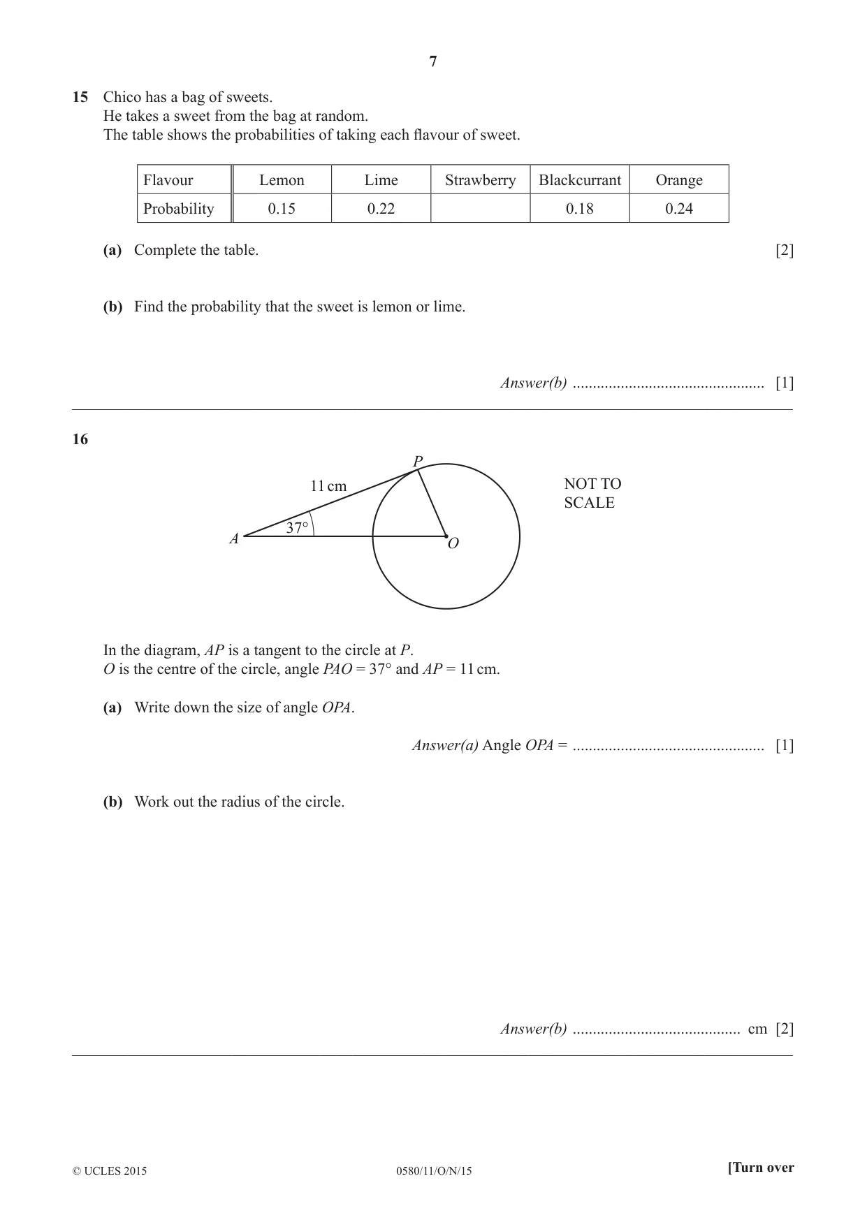 Cambridge IGCSE Mathematics 0580 2015 Oct/Nov Paper 1 · Variant 1 question paper, page 7 of 12
