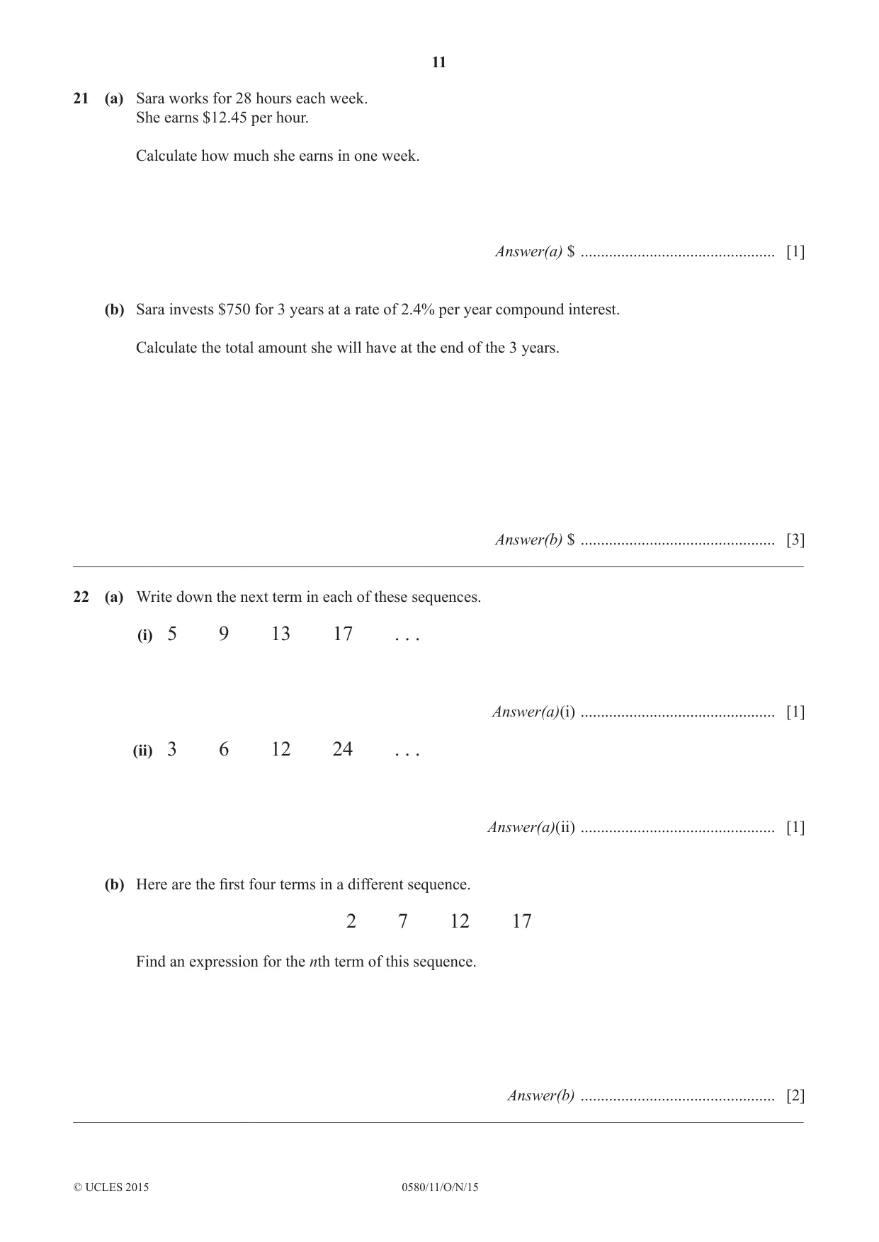 Cambridge IGCSE Mathematics 0580 2015 Oct/Nov Paper 1 · Variant 1 question paper, page 11 of 12