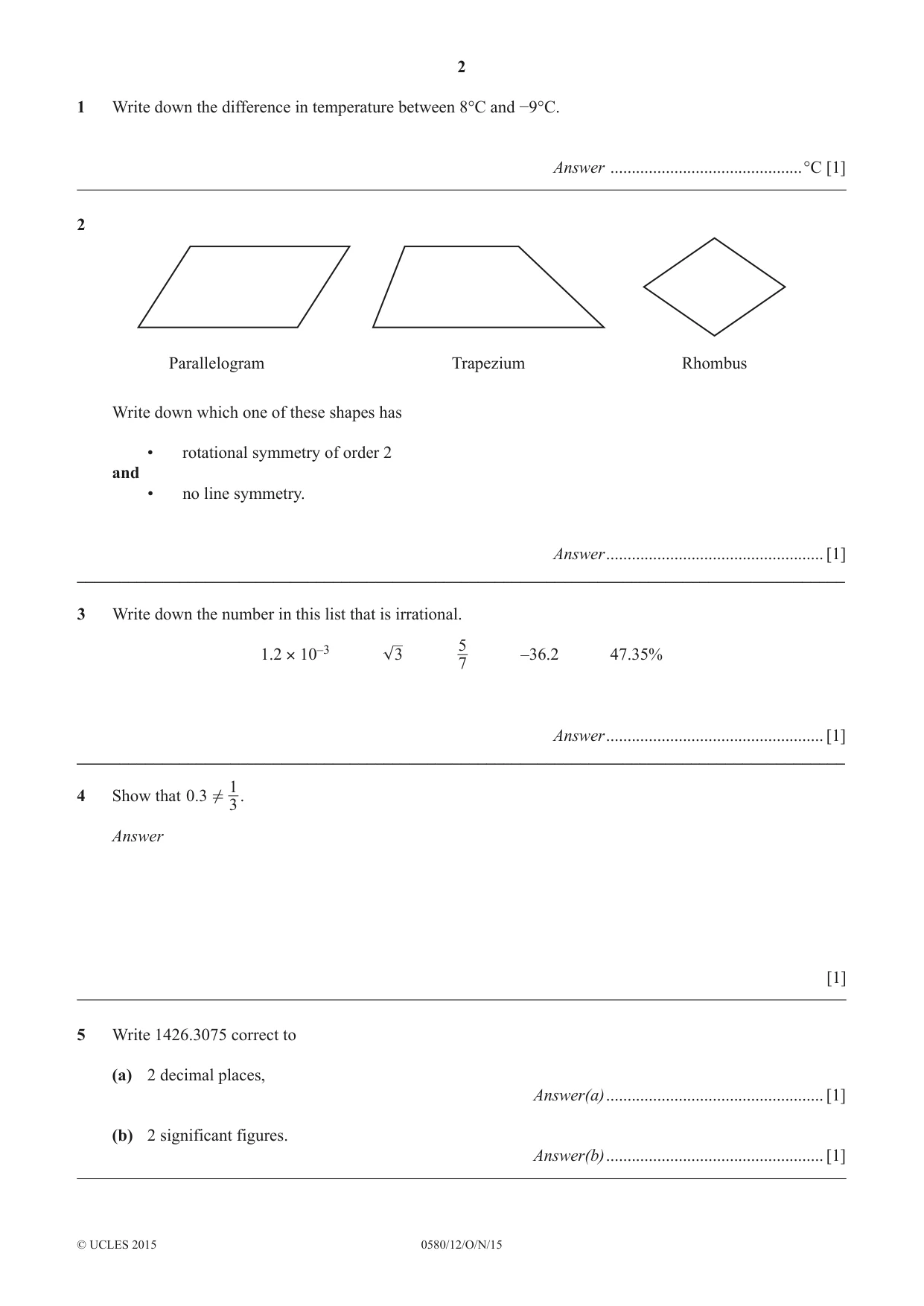 Cambridge IGCSE Mathematics 0580 2015 Oct/Nov Paper 1 · Variant 2 question paper, page 2 of 12