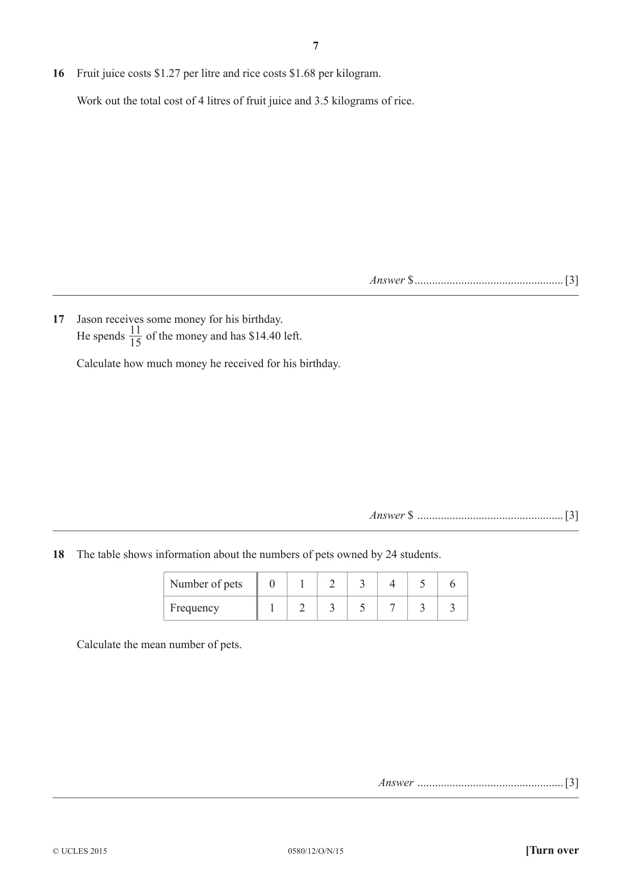 Cambridge IGCSE Mathematics 0580 2015 Oct/Nov Paper 1 · Variant 2 question paper, page 7 of 12