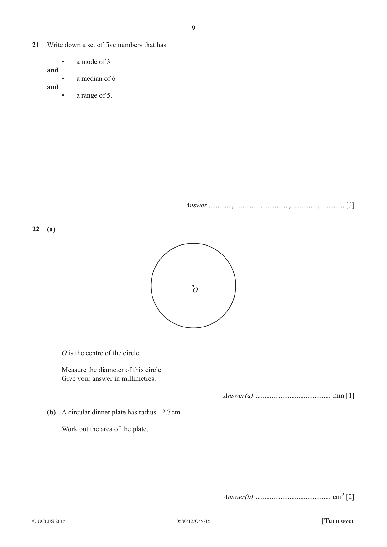 Cambridge IGCSE Mathematics 0580 2015 Oct/Nov Paper 1 · Variant 2 question paper, page 9 of 12