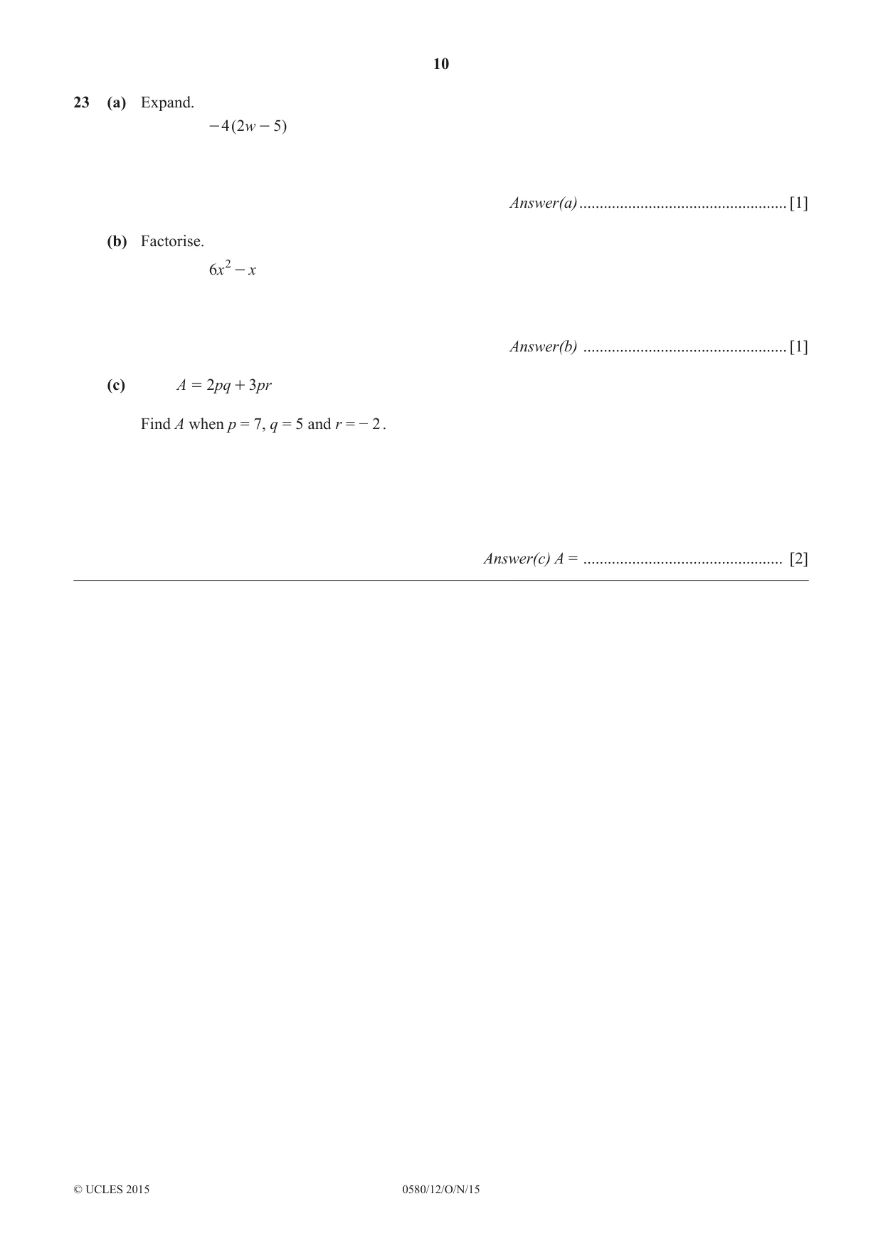 Cambridge IGCSE Mathematics 0580 2015 Oct/Nov Paper 1 · Variant 2 question paper, page 10 of 12