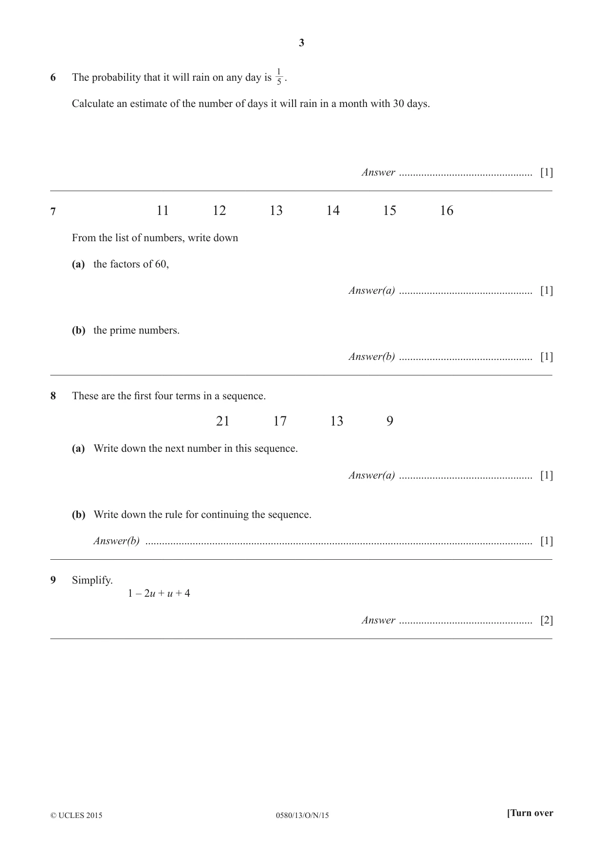 Cambridge IGCSE Mathematics 0580 2015 Oct/Nov Paper 1 · Variant 3 question paper, page 3 of 12