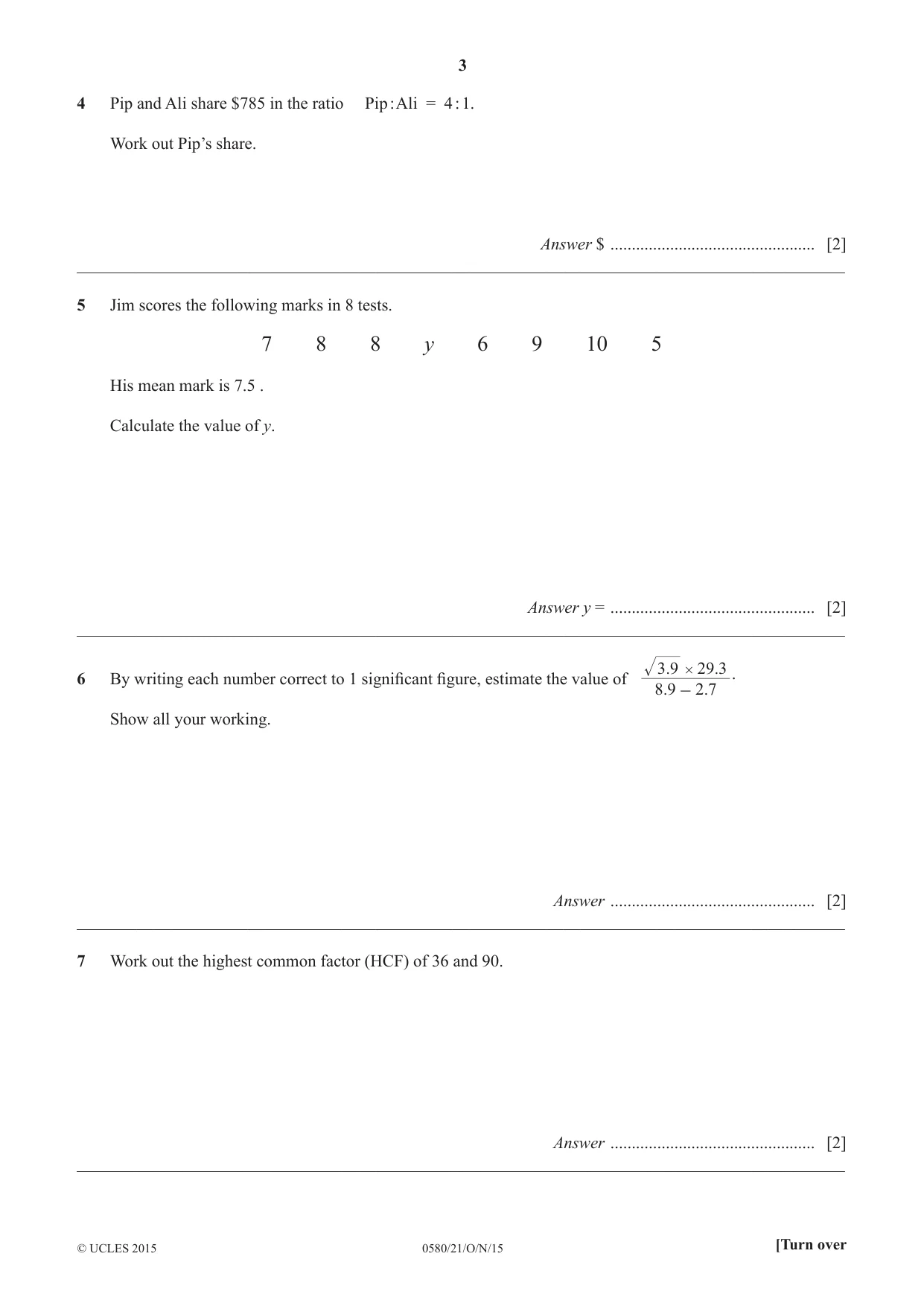 Cambridge IGCSE Mathematics 0580 2015 Oct/Nov Paper 2 · Variant 1 question paper, page 3 of 12