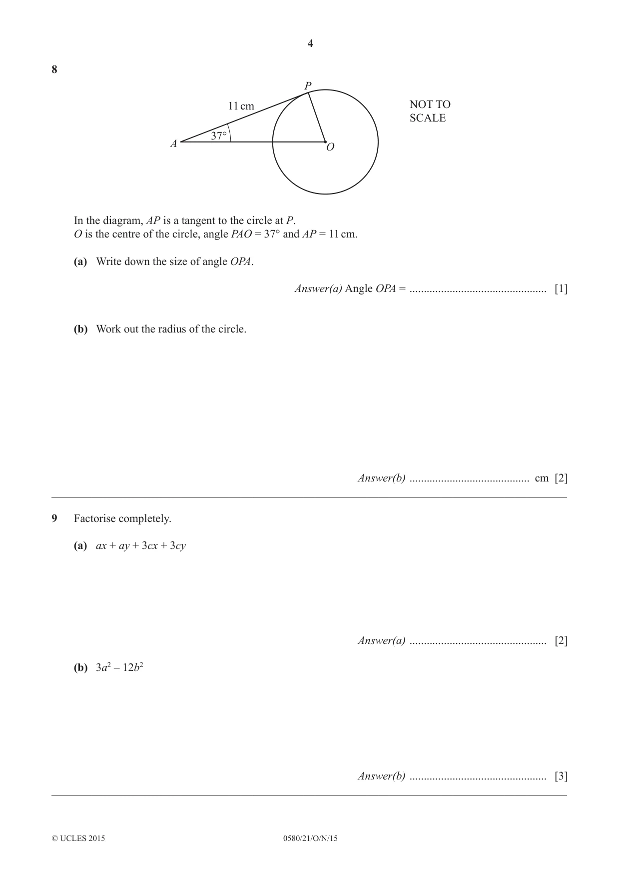 Cambridge IGCSE Mathematics 0580 2015 Oct/Nov Paper 2 · Variant 1 question paper, page 4 of 12