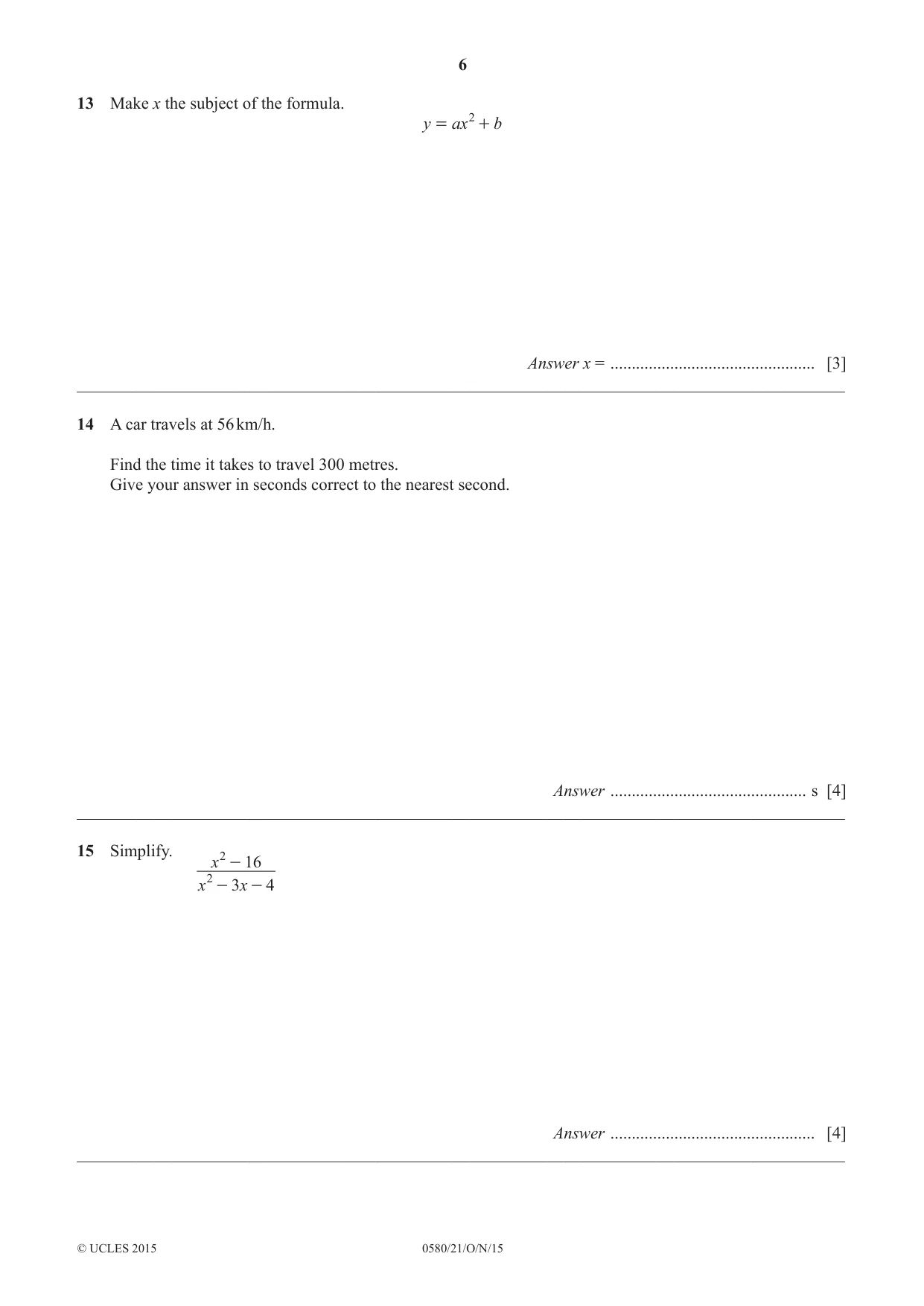 Cambridge IGCSE Mathematics 0580 2015 Oct/Nov Paper 2 · Variant 1 question paper, page 6 of 12
