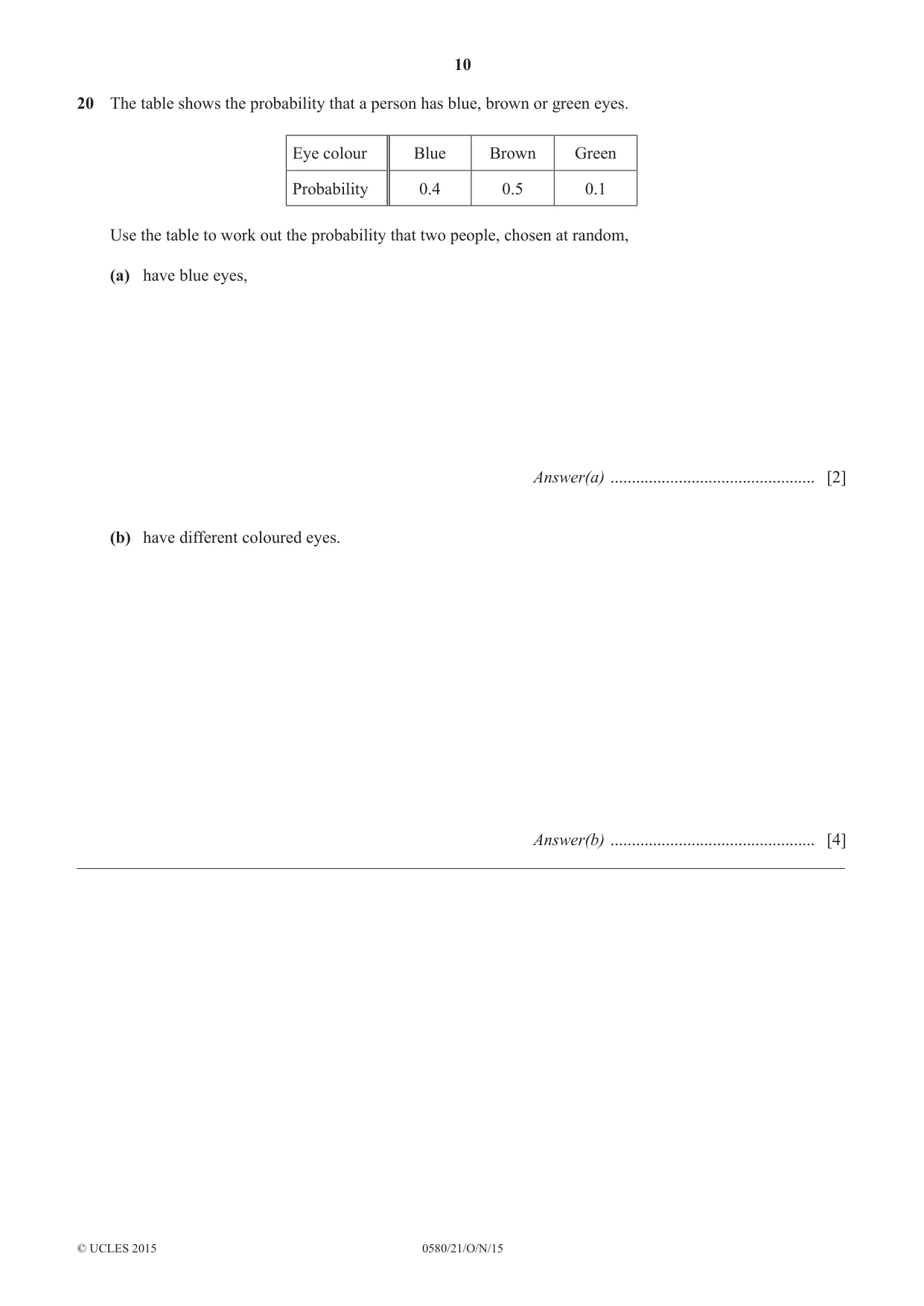 Cambridge IGCSE Mathematics 0580 2015 Oct/Nov Paper 2 · Variant 1 question paper, page 10 of 12