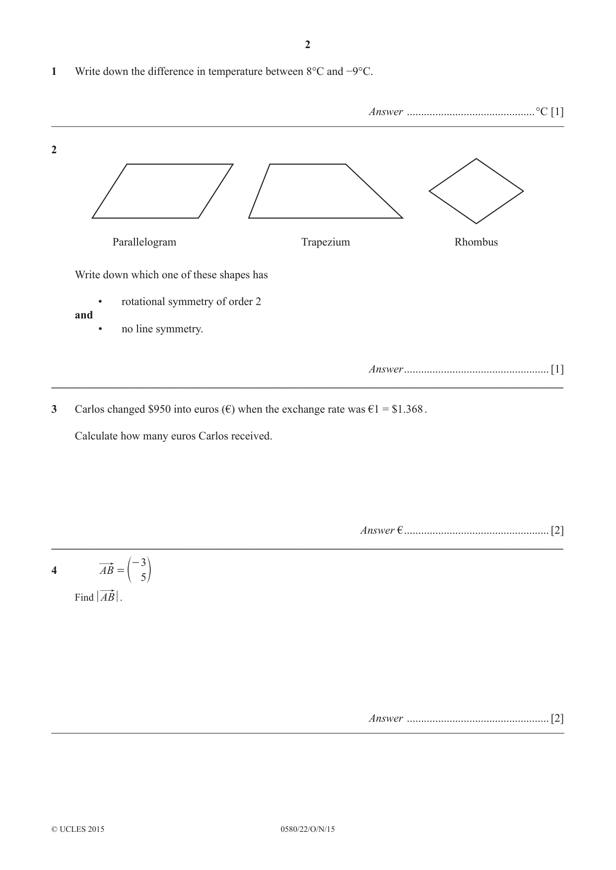 Cambridge IGCSE Mathematics 0580 2015 Oct/Nov Paper 2 · Variant 2 question paper, page 2 of 12