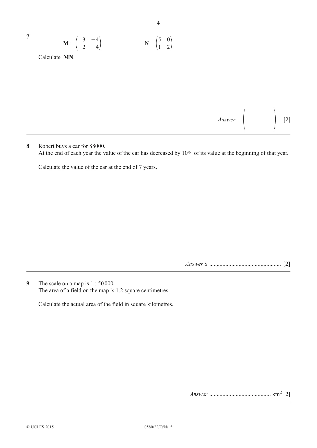 Cambridge IGCSE Mathematics 0580 2015 Oct/Nov Paper 2 · Variant 2 question paper, page 4 of 12