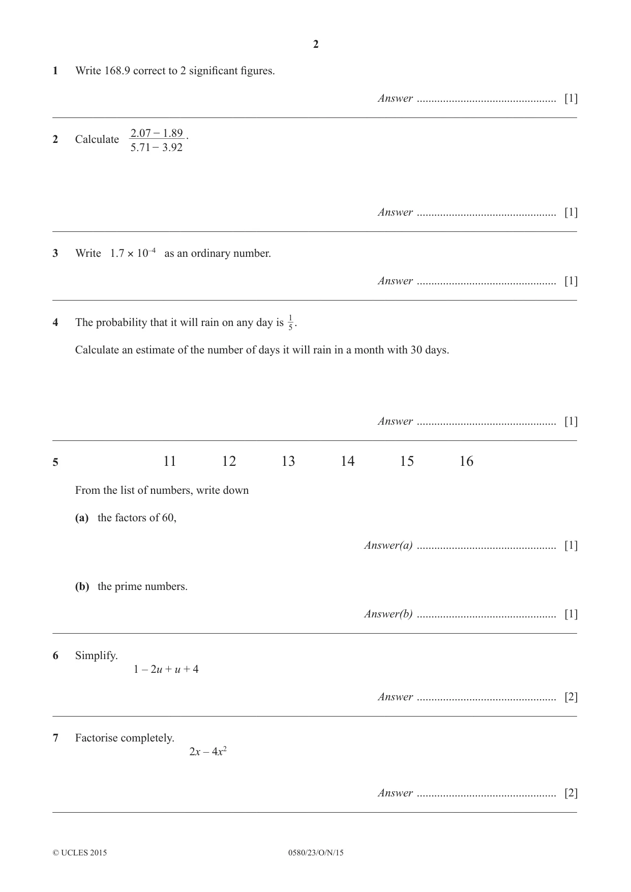 Cambridge IGCSE Mathematics 0580 2015 Oct/Nov Paper 2 · Variant 3 question paper, page 2 of 12