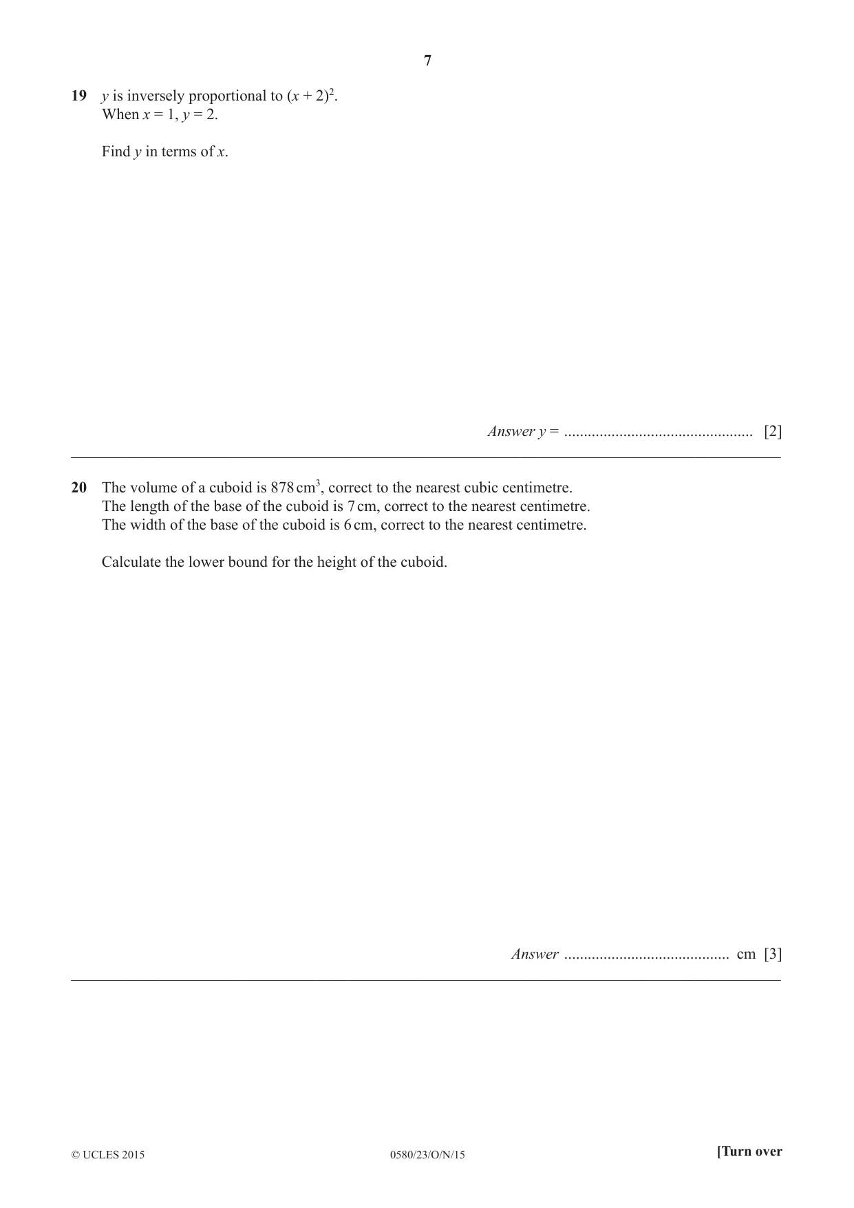 Cambridge IGCSE Mathematics 0580 2015 Oct/Nov Paper 2 · Variant 3 question paper, page 7 of 12