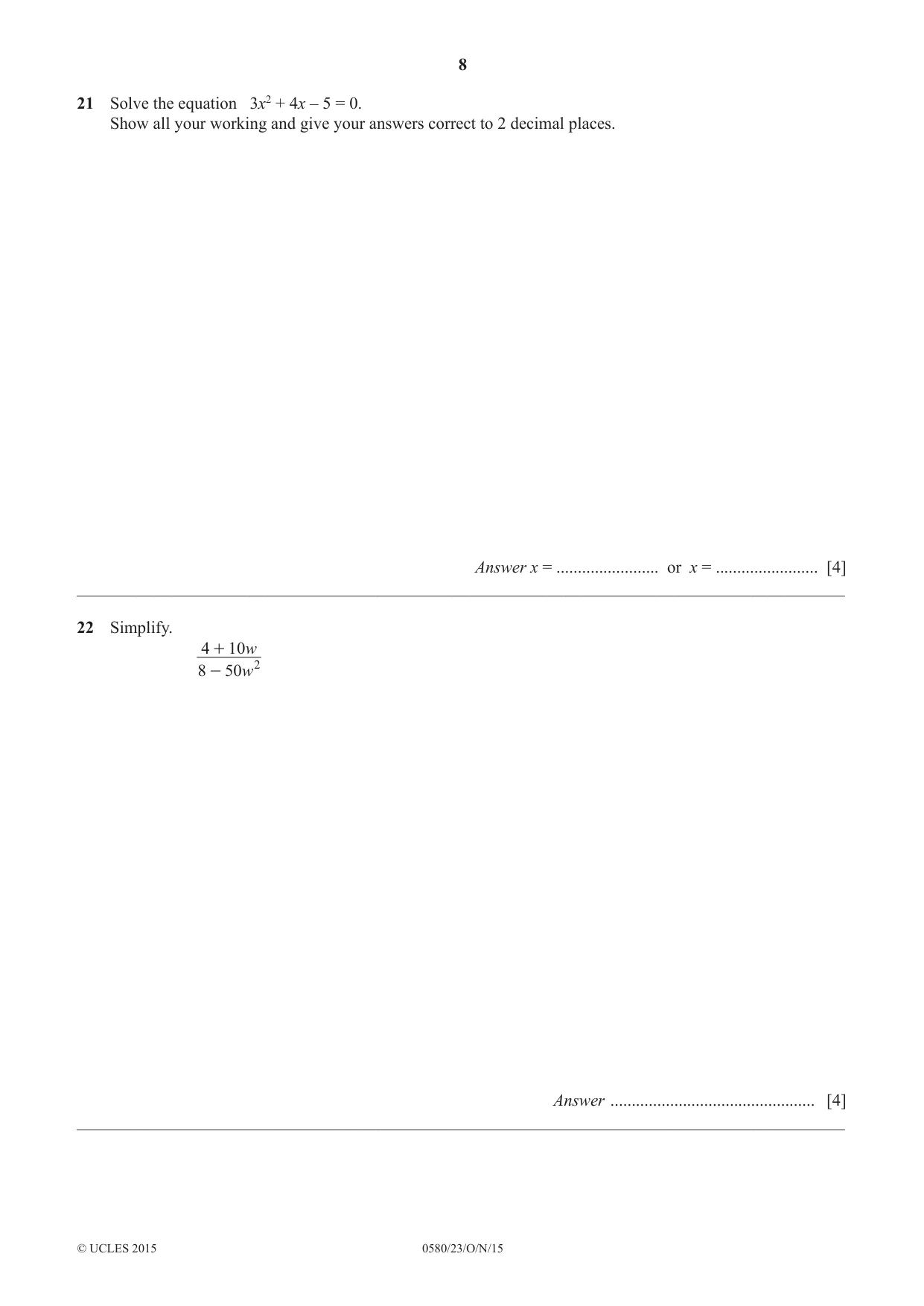 Cambridge IGCSE Mathematics 0580 2015 Oct/Nov Paper 2 · Variant 3 question paper, page 8 of 12