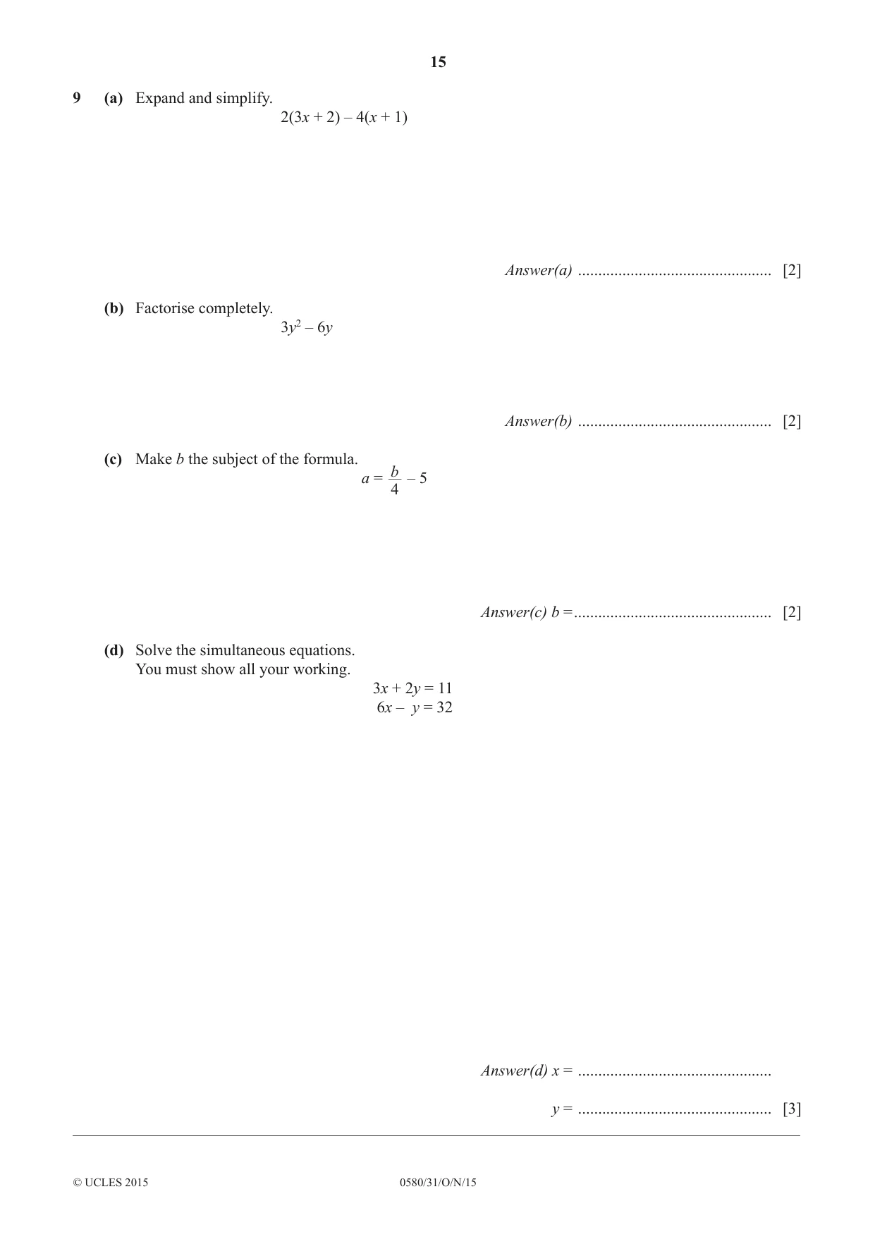 Cambridge IGCSE Mathematics 0580 2015 Oct/Nov Paper 3 · Variant 1 question paper, page 15 of 16