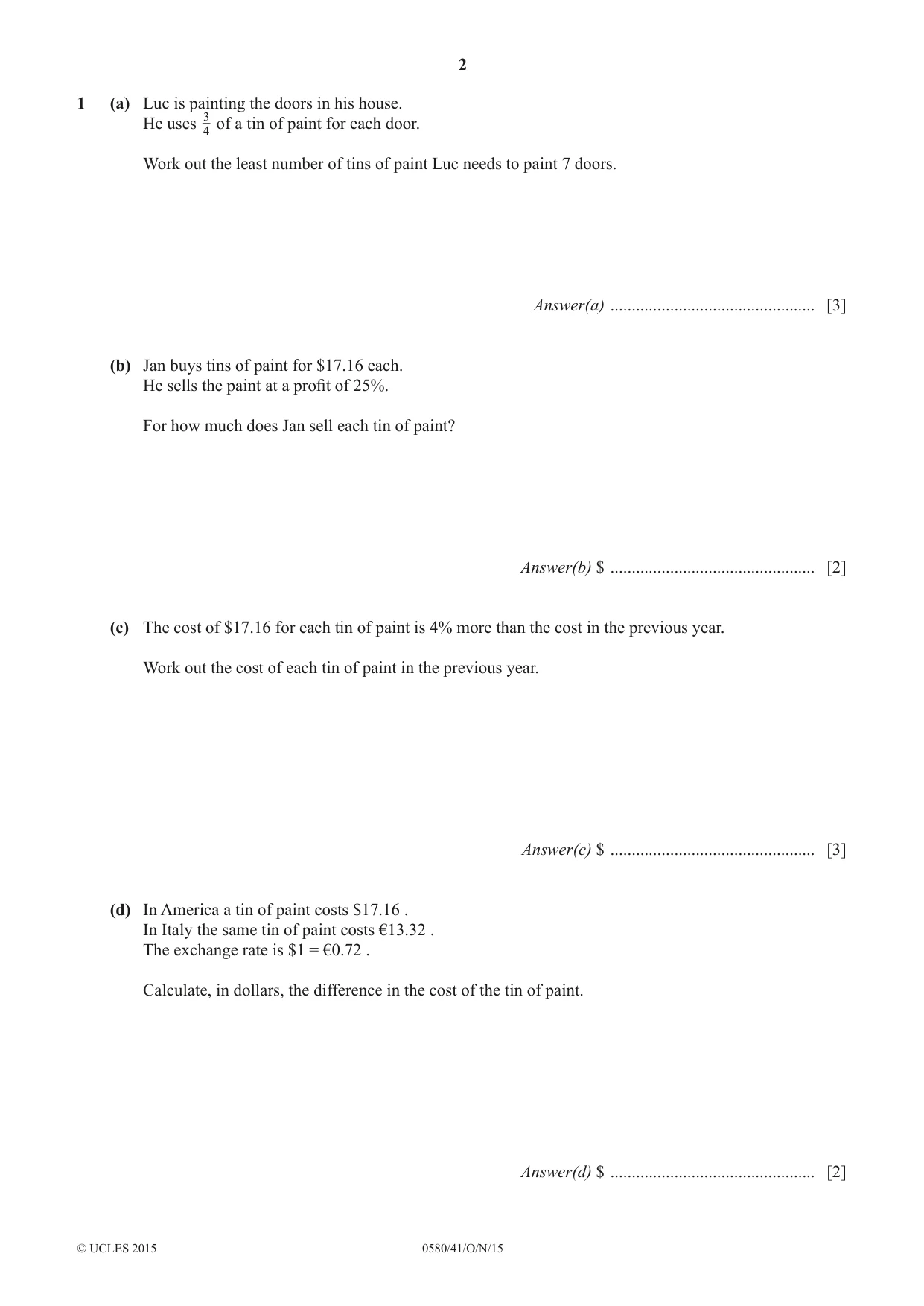 Cambridge IGCSE Mathematics 0580 2015 Oct/Nov Paper 4 · Variant 1 question paper, page 2 of 16