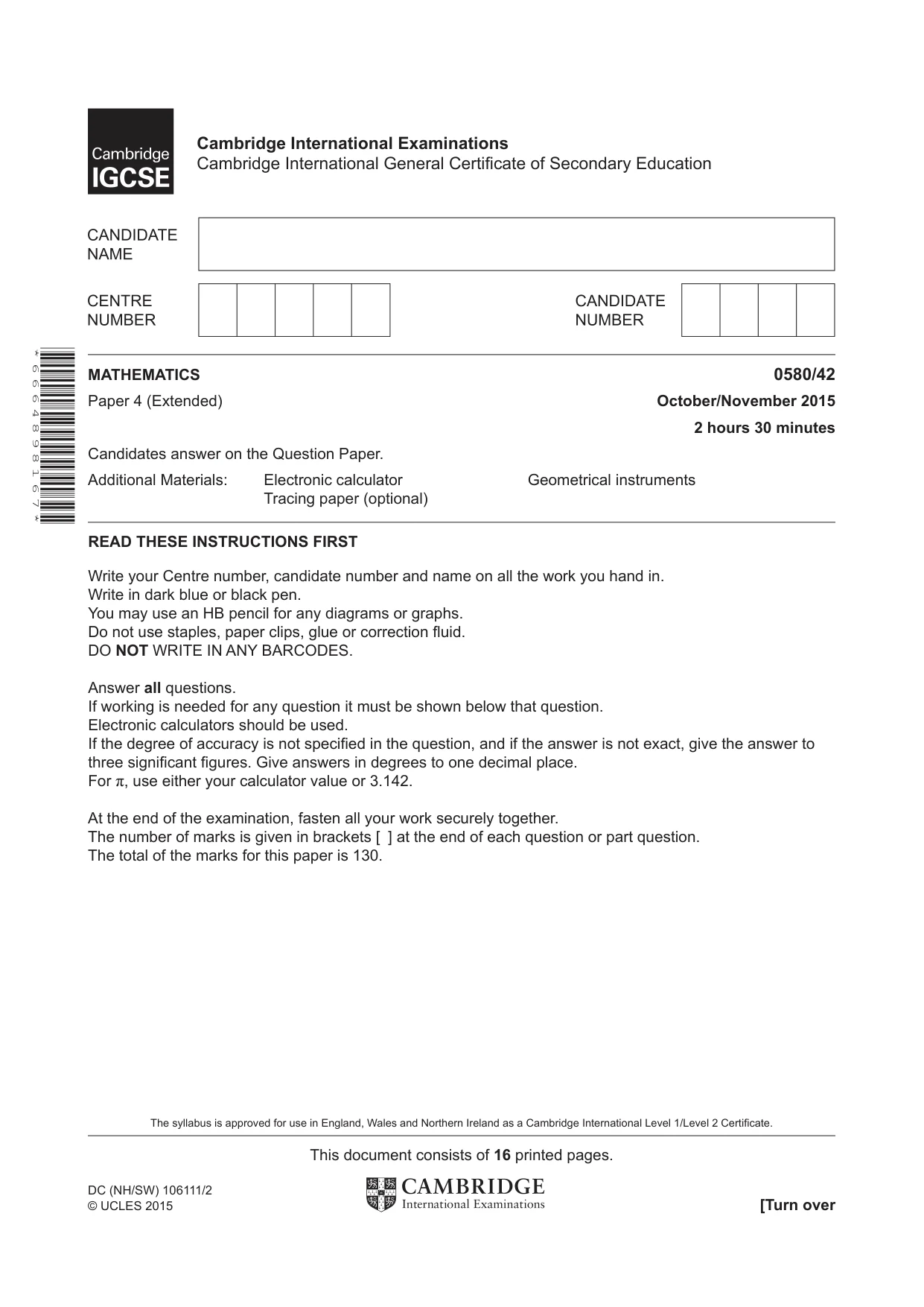 Cambridge IGCSE Mathematics 0580 2015 Oct/Nov Paper 4 · Variant 2 question paper, page 1 of 16