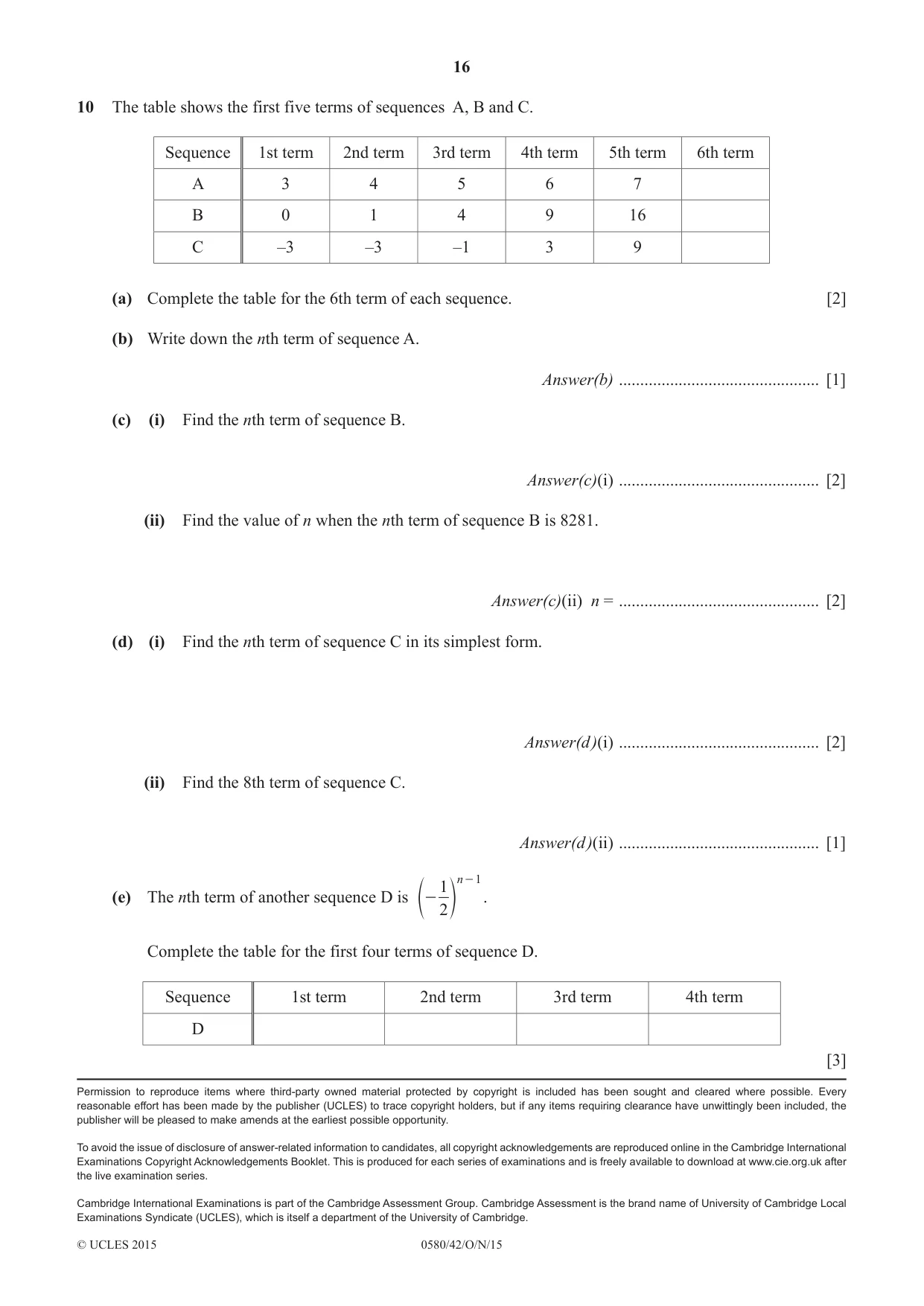 Cambridge IGCSE Mathematics 0580 2015 Oct/Nov Paper 4 · Variant 2 question paper, page 16 of 16