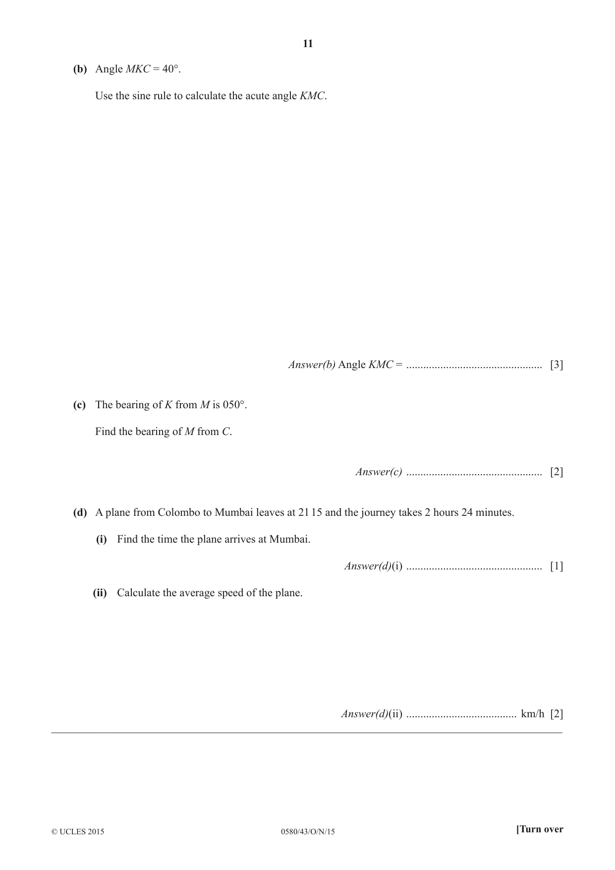 Cambridge IGCSE Mathematics 0580 2015 Oct/Nov Paper 4 · Variant 3 question paper, page 11 of 20