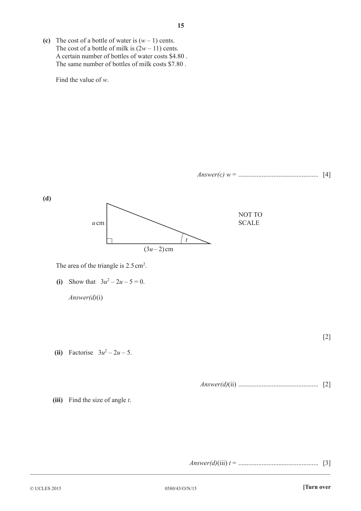 Cambridge IGCSE Mathematics 0580 2015 Oct/Nov Paper 4 · Variant 3 question paper, page 15 of 20