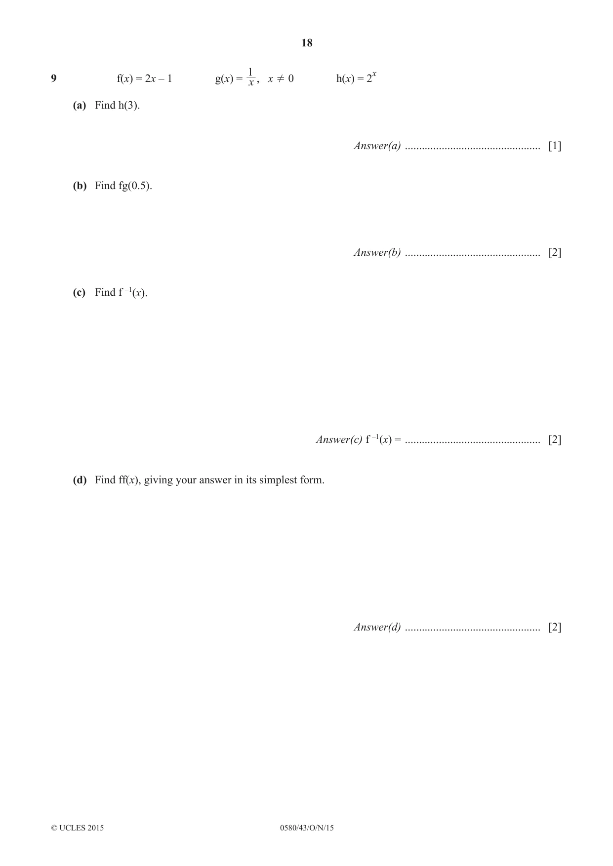 Cambridge IGCSE Mathematics 0580 2015 Oct/Nov Paper 4 · Variant 3 question paper, page 18 of 20