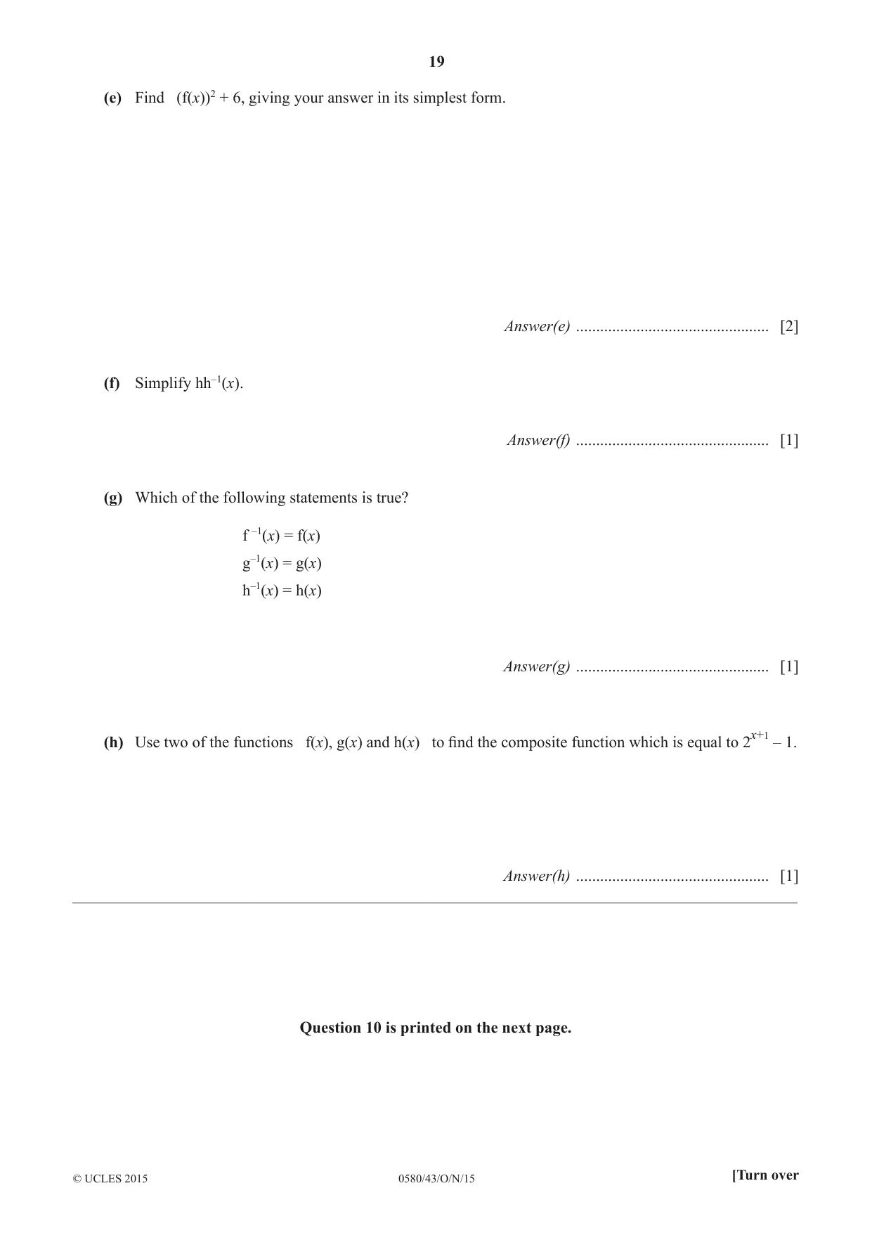 Cambridge IGCSE Mathematics 0580 2015 Oct/Nov Paper 4 · Variant 3 question paper, page 19 of 20