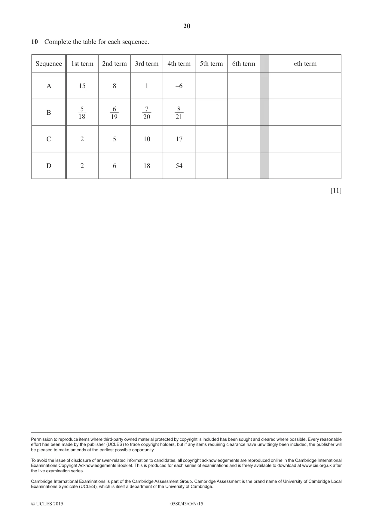Cambridge IGCSE Mathematics 0580 2015 Oct/Nov Paper 4 · Variant 3 question paper, page 20 of 20