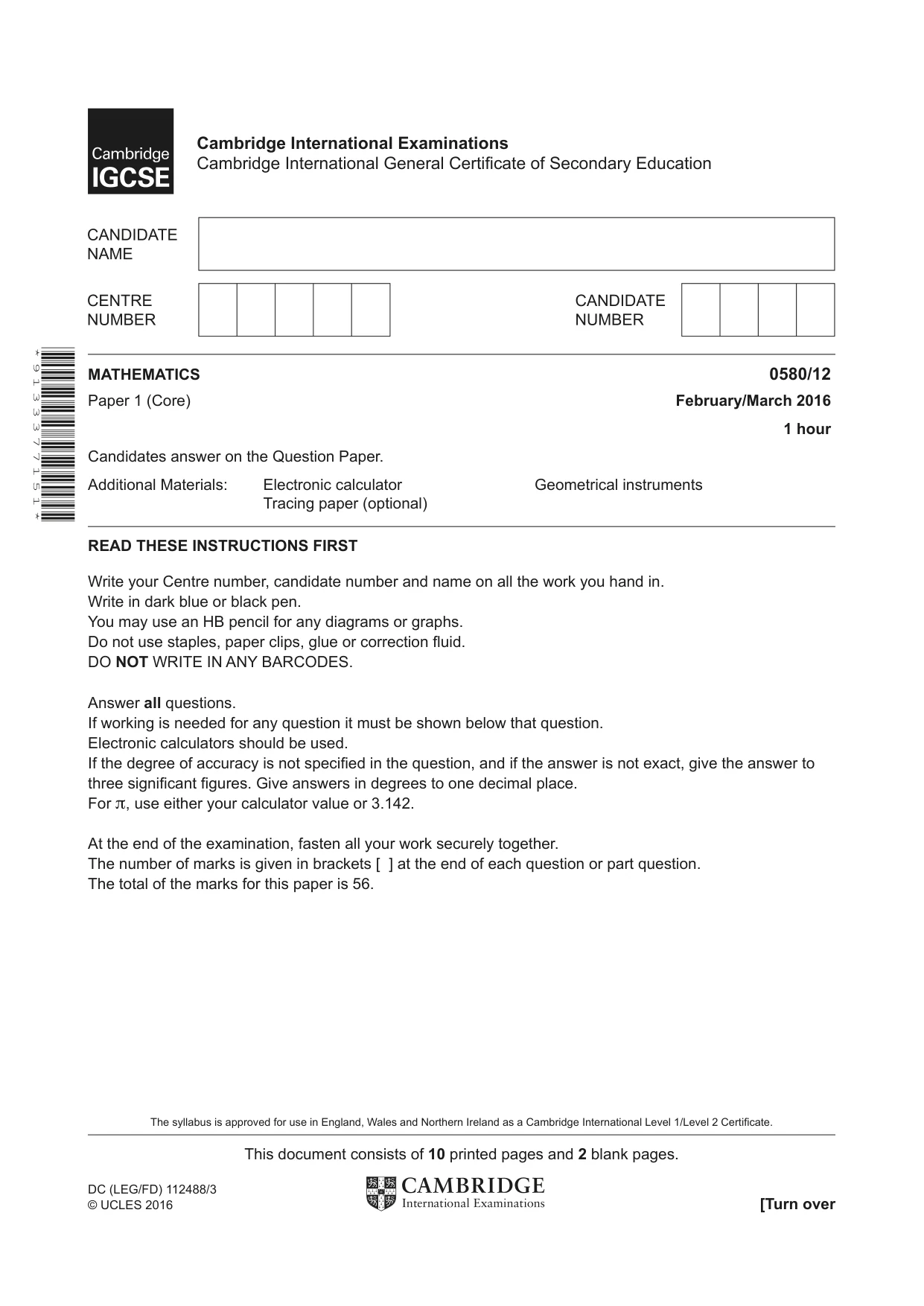 Cambridge IGCSE Mathematics 0580 2016 Feb/March Paper 1 · Variant 2 question paper, page 1 of 12
