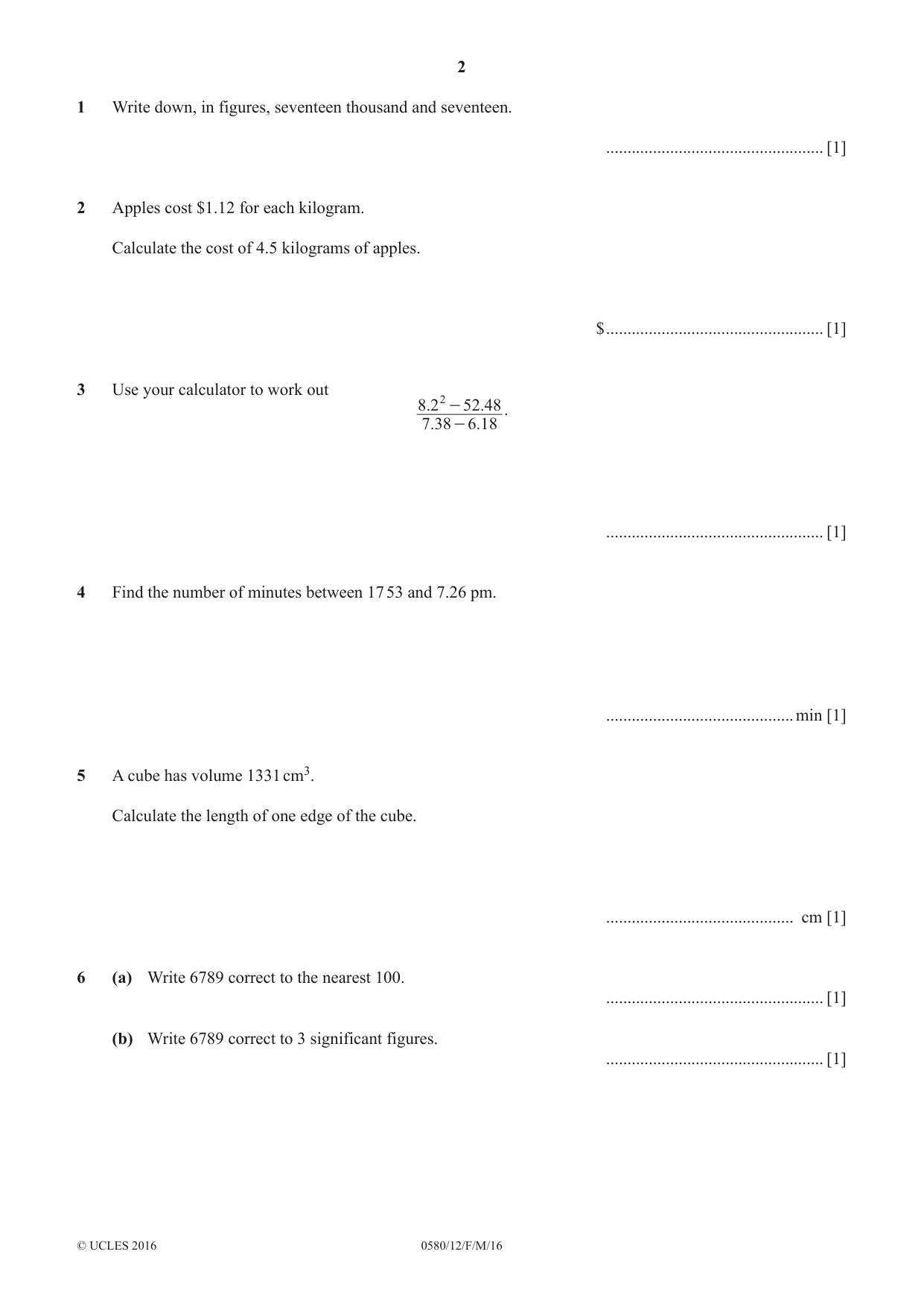 Cambridge IGCSE Mathematics 0580 2016 Feb/March Paper 1 · Variant 2 question paper, page 2 of 12