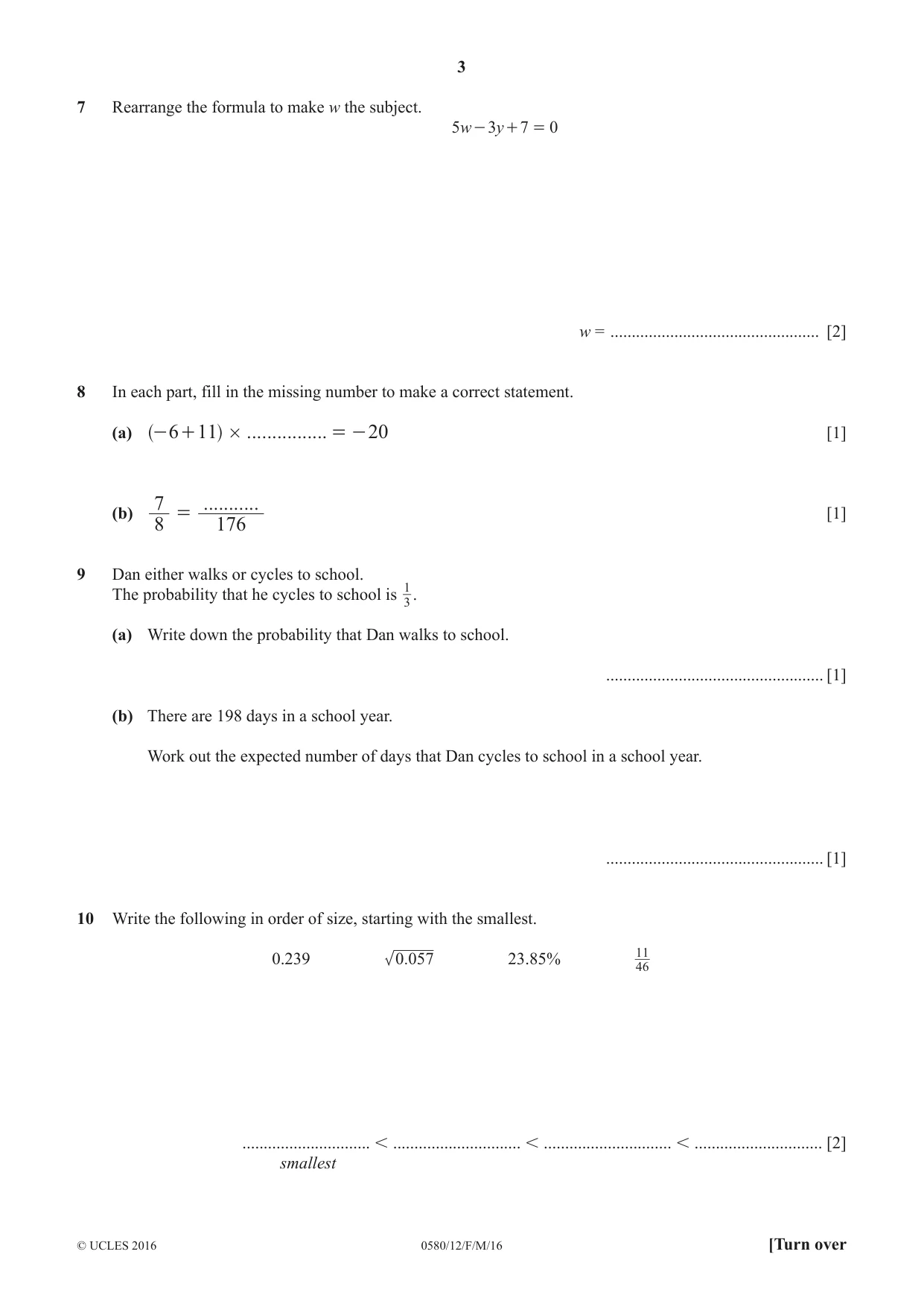 Cambridge IGCSE Mathematics 0580 2016 Feb/March Paper 1 · Variant 2 question paper, page 3 of 12
