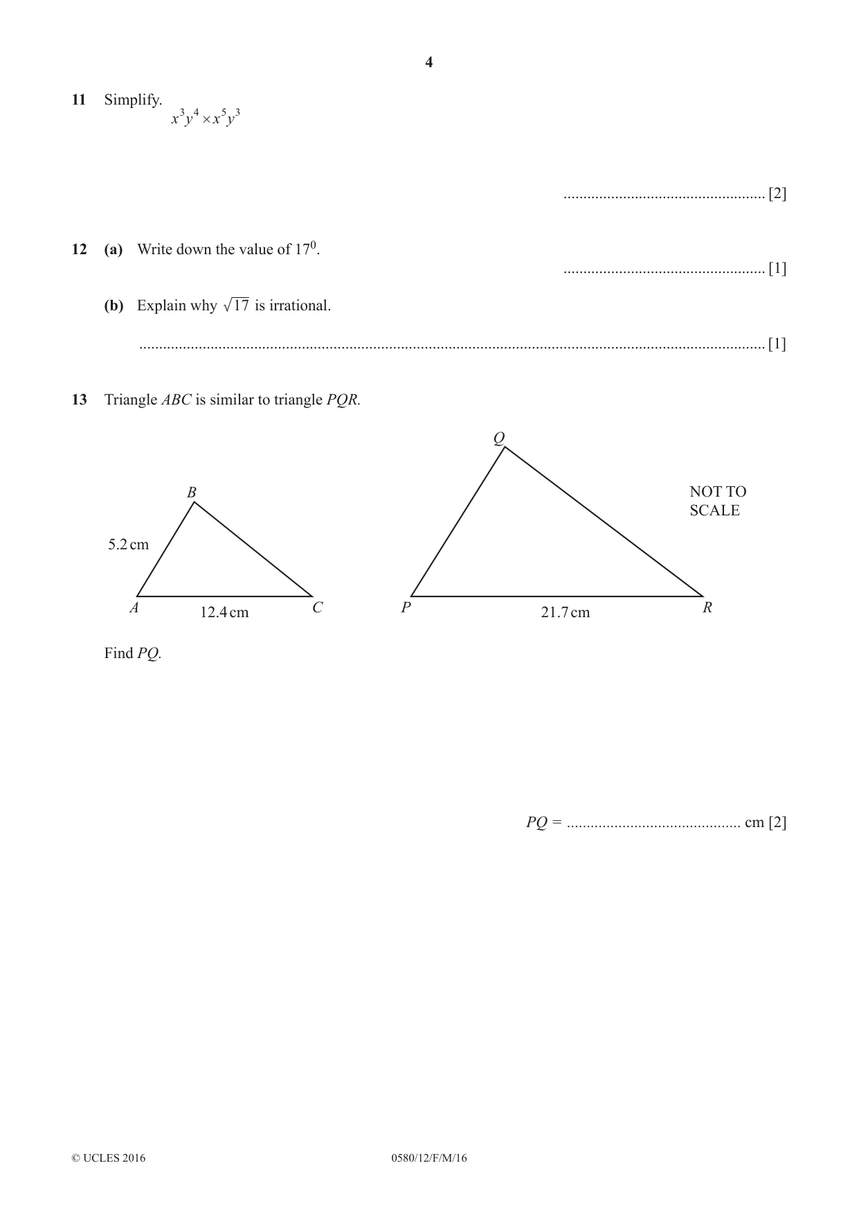 Cambridge IGCSE Mathematics 0580 2016 Feb/March Paper 1 · Variant 2 question paper, page 4 of 12