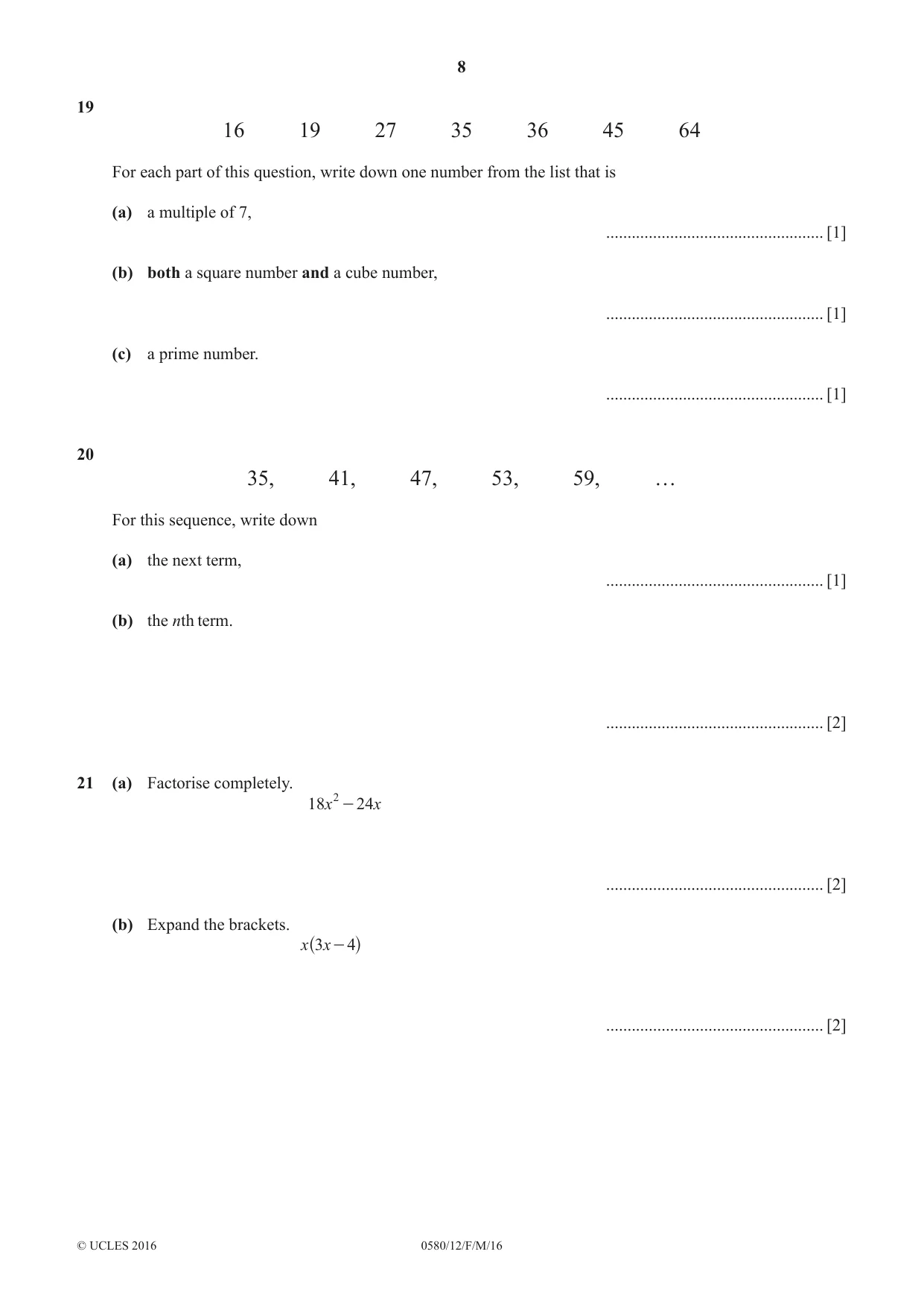 Cambridge IGCSE Mathematics 0580 2016 Feb/March Paper 1 · Variant 2 question paper, page 8 of 12