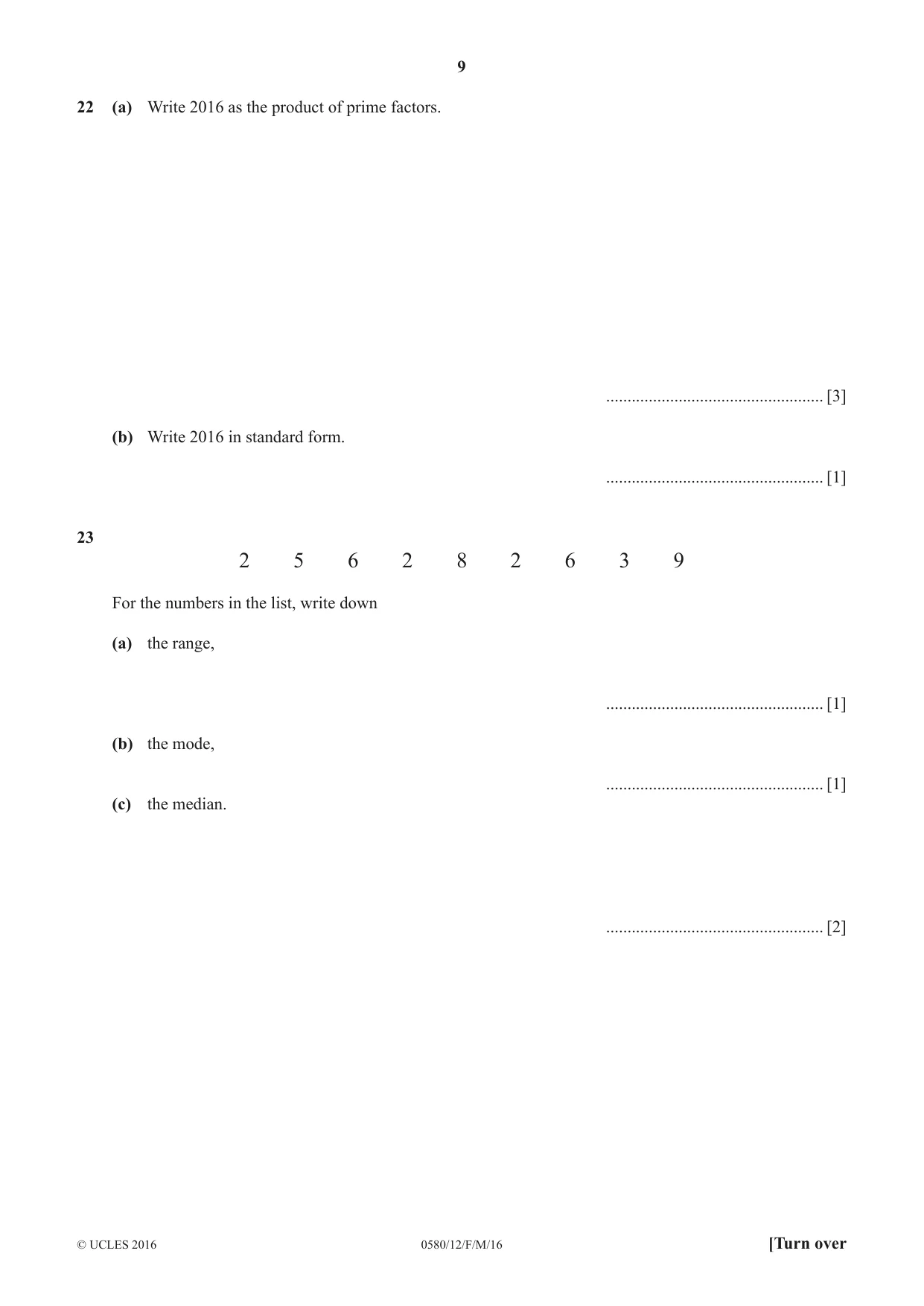 Cambridge IGCSE Mathematics 0580 2016 Feb/March Paper 1 · Variant 2 question paper, page 9 of 12