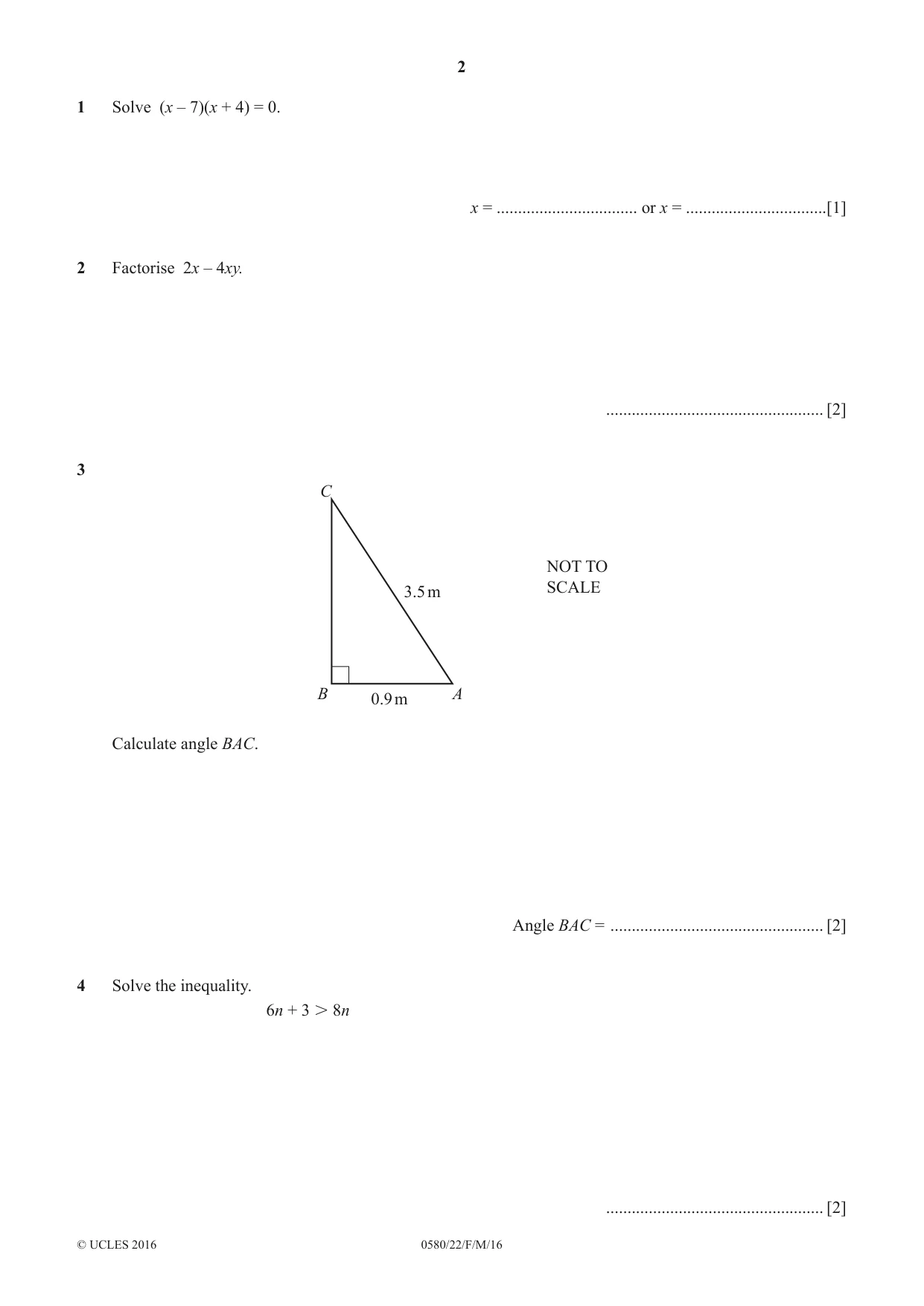 Cambridge IGCSE Mathematics 0580 2016 Feb/March Paper 2 · Variant 2 question paper, page 2 of 12