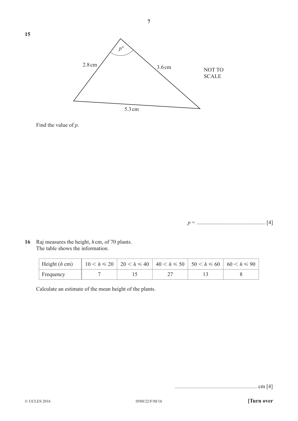 Cambridge IGCSE Mathematics 0580 2016 Feb/March Paper 2 · Variant 2 question paper, page 7 of 12