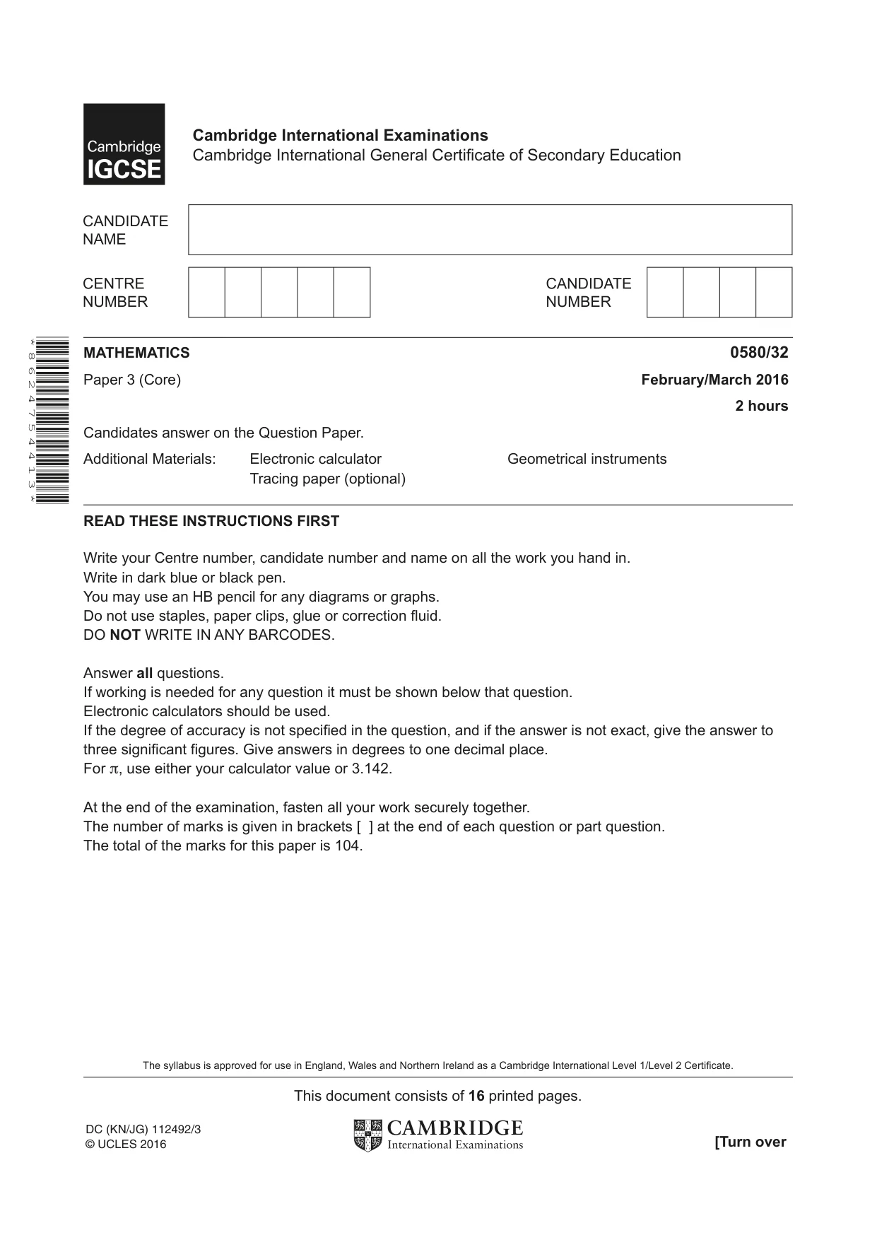 Cambridge IGCSE Mathematics 0580 2016 Feb/March Paper 3 · Variant 2 question paper, page 1 of 16