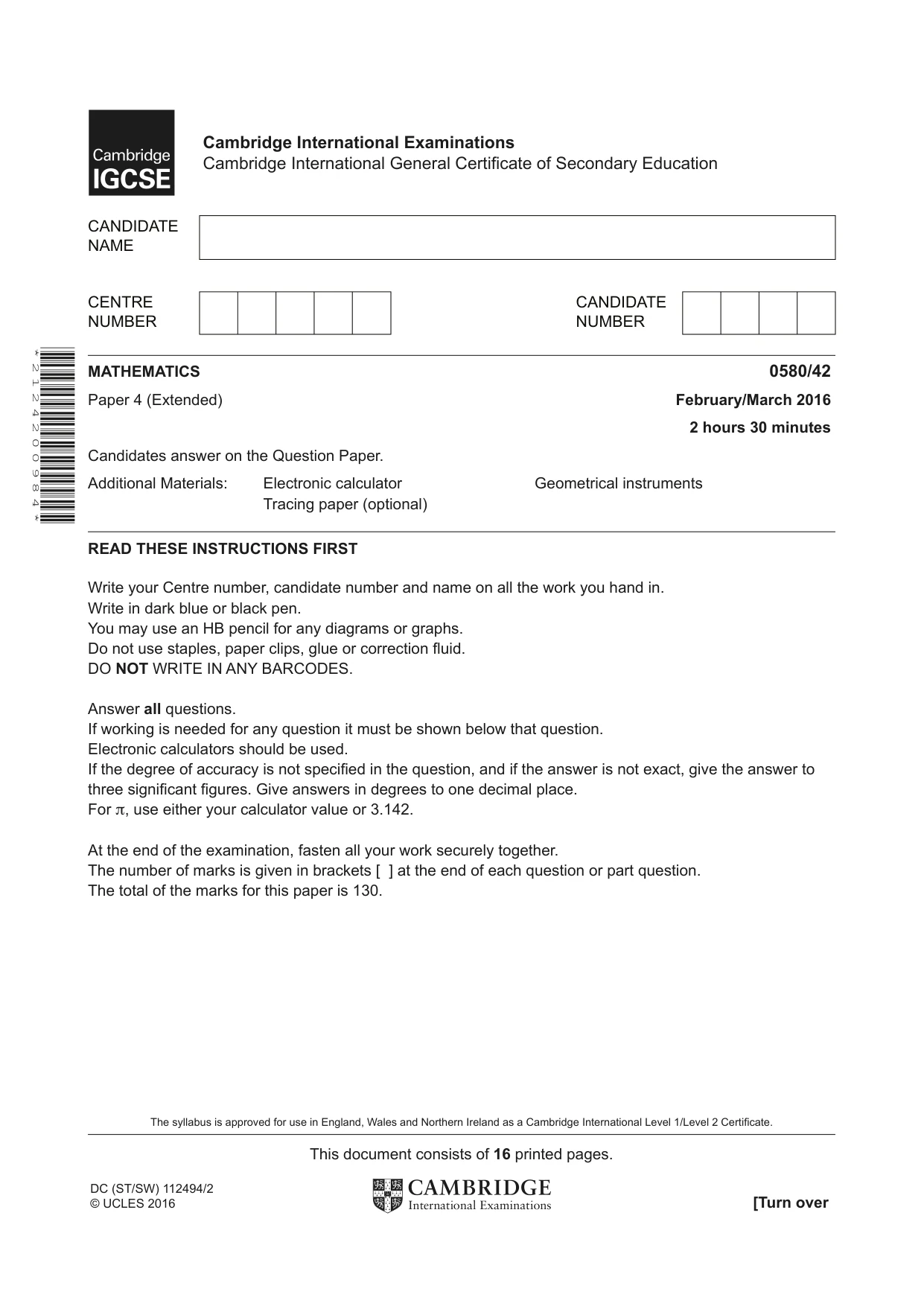 Cambridge IGCSE Mathematics 0580 2016 Feb/March Paper 4 · Variant 2 question paper, page 1 of 16