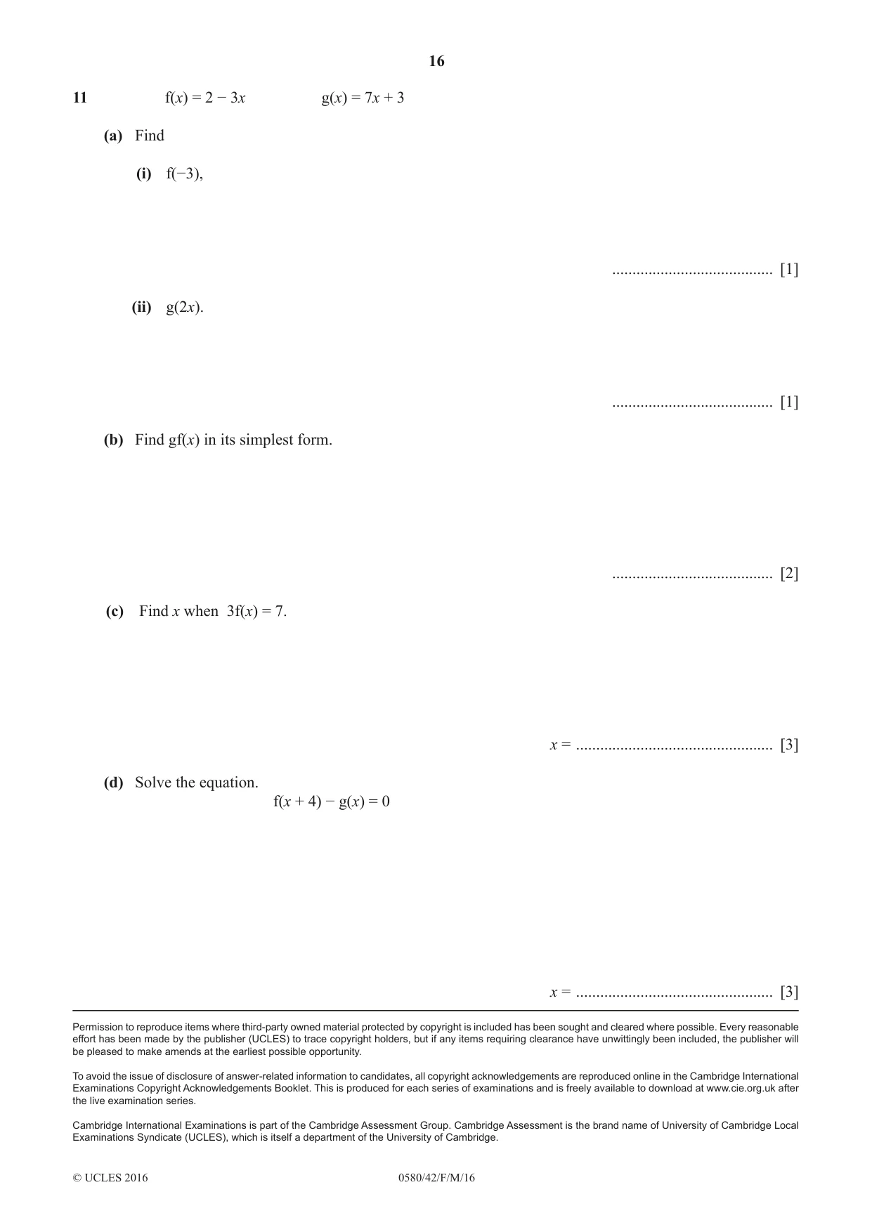 Cambridge IGCSE Mathematics 0580 2016 Feb/March Paper 4 · Variant 2 question paper, page 16 of 16