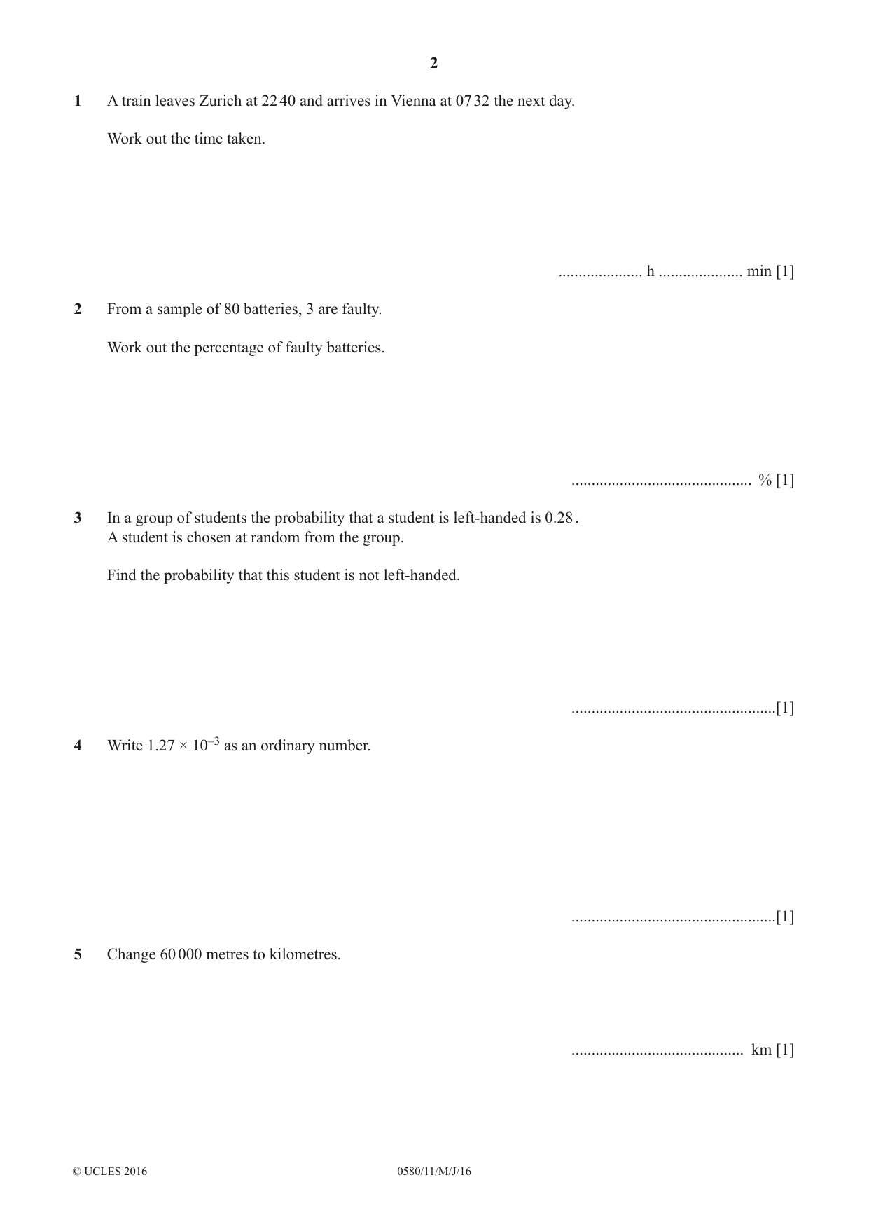 Cambridge IGCSE Mathematics 0580 2016 May/June Paper 1 · Variant 1 question paper, page 2 of 12