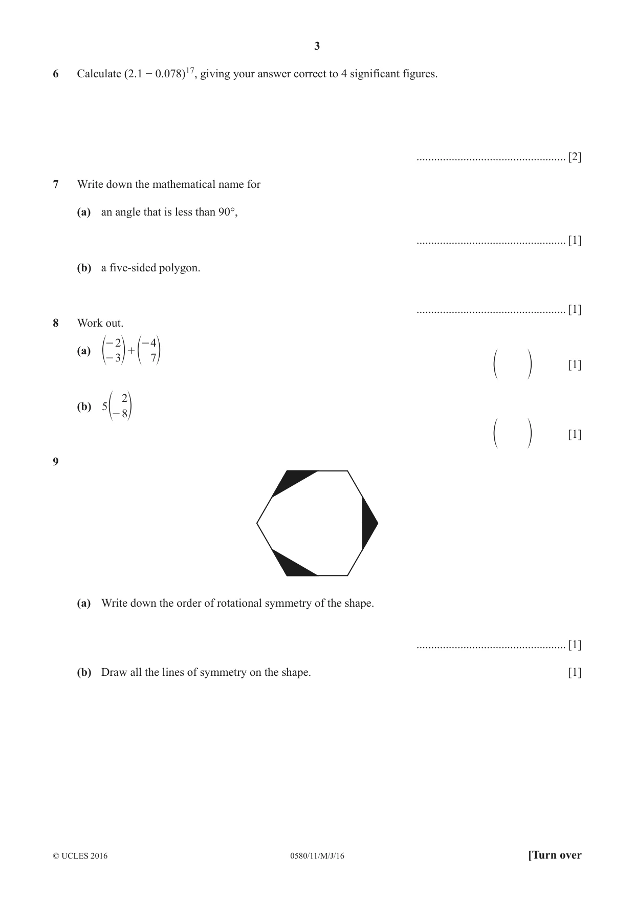 Cambridge IGCSE Mathematics 0580 2016 May/June Paper 1 · Variant 1 question paper, page 3 of 12