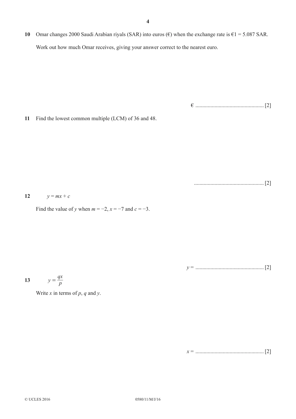Cambridge IGCSE Mathematics 0580 2016 May/June Paper 1 · Variant 1 question paper, page 4 of 12